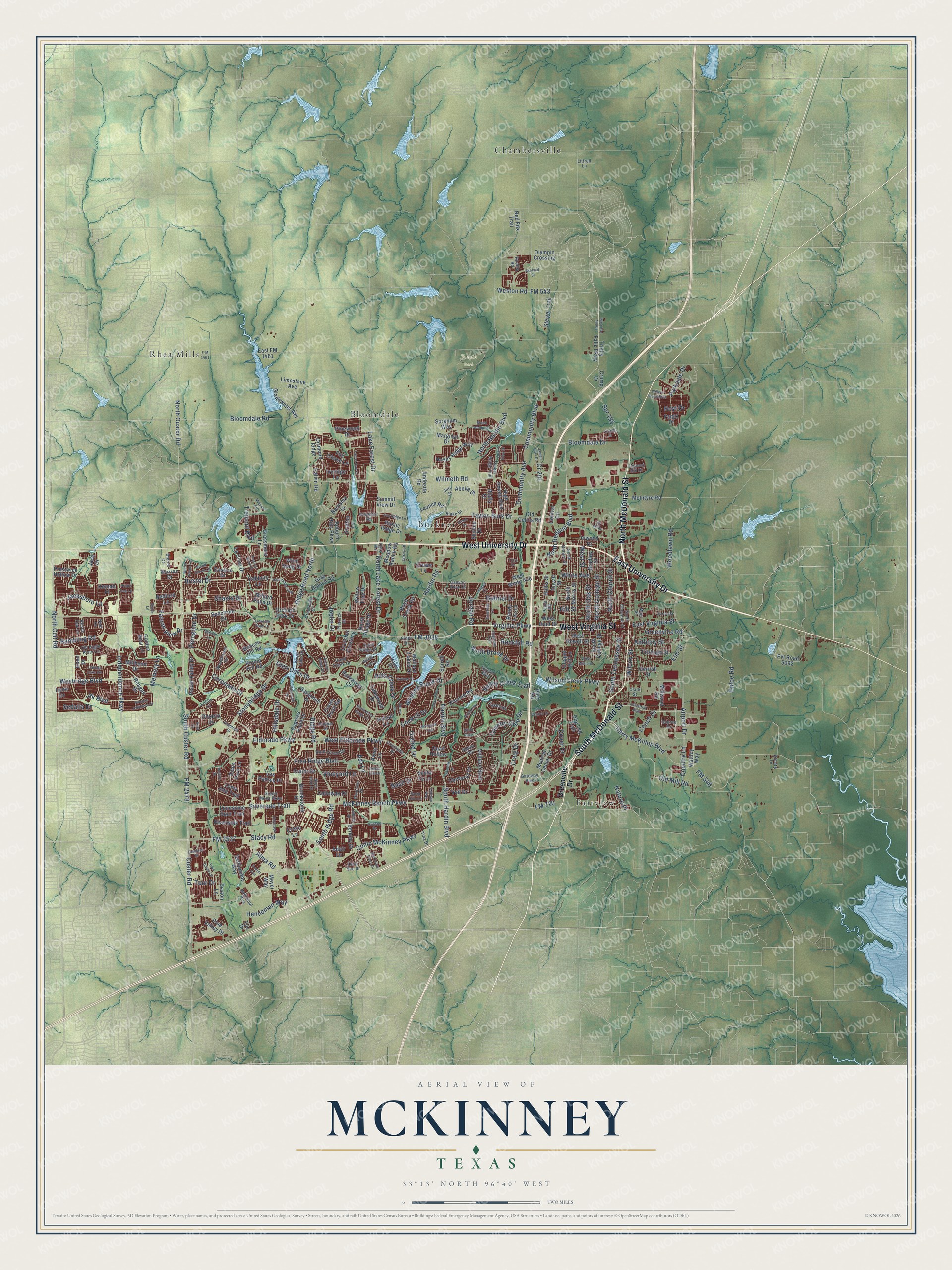 Full map of McKinney, Texas, with red buildings, printed street names and the land around them