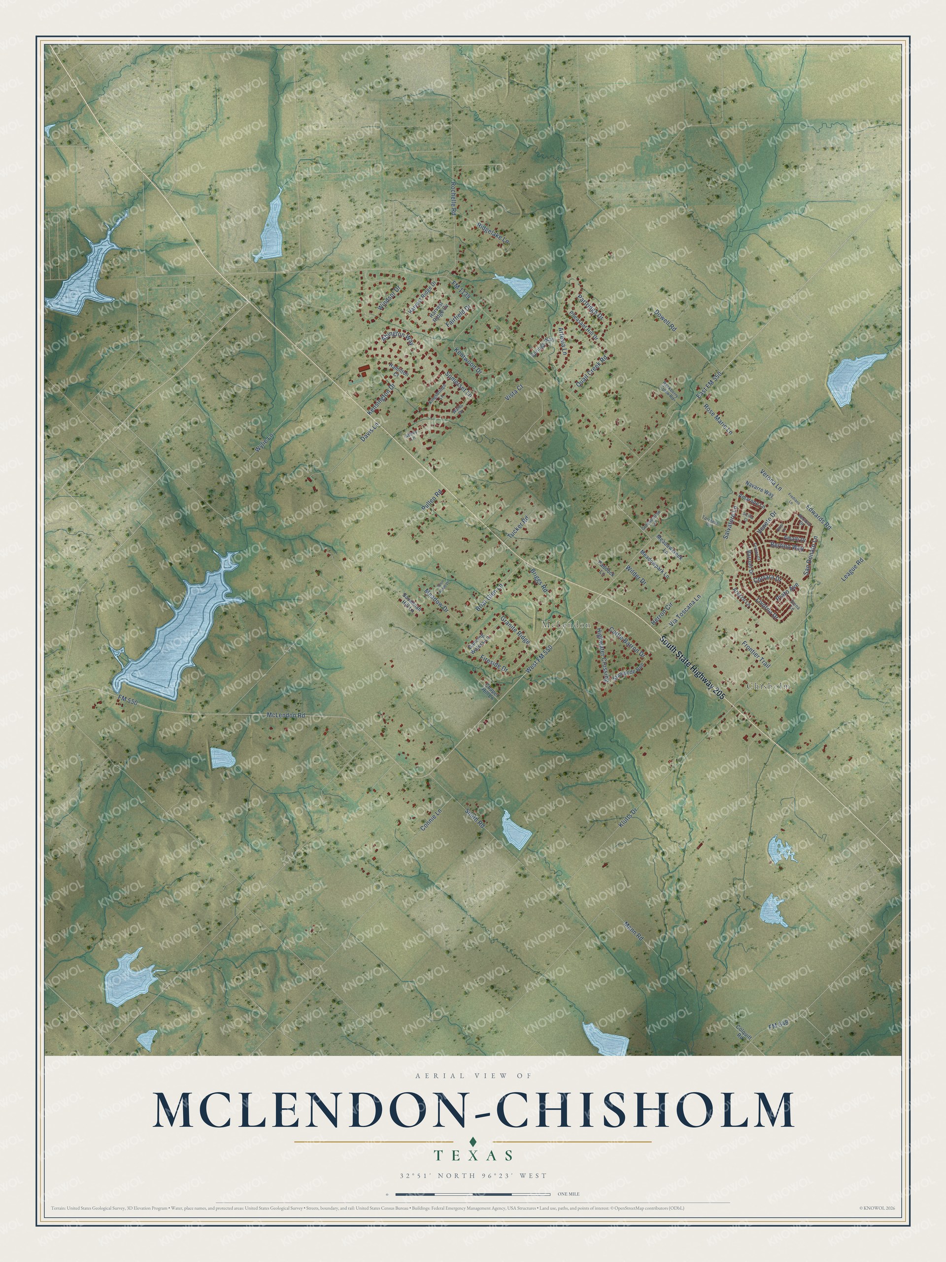 Full map of McLendon-Chisholm, Texas, with red buildings, printed street names and the land around them