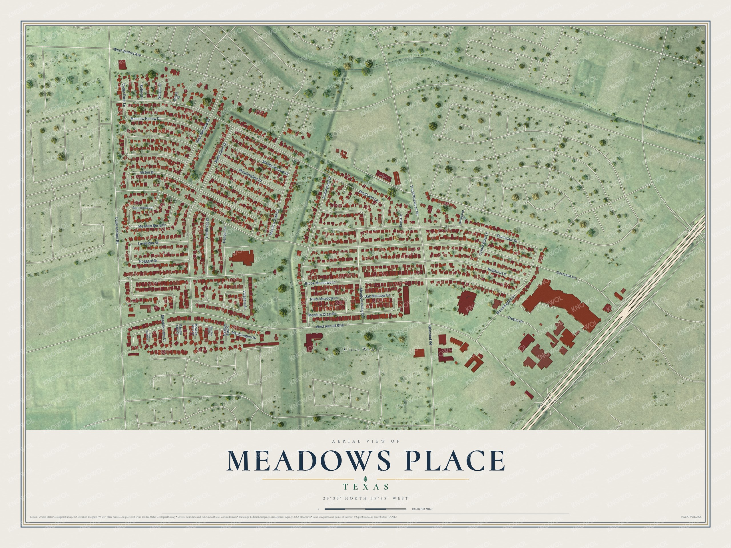 Full map of Meadows Place, Texas, with red buildings, printed street names and the land around them