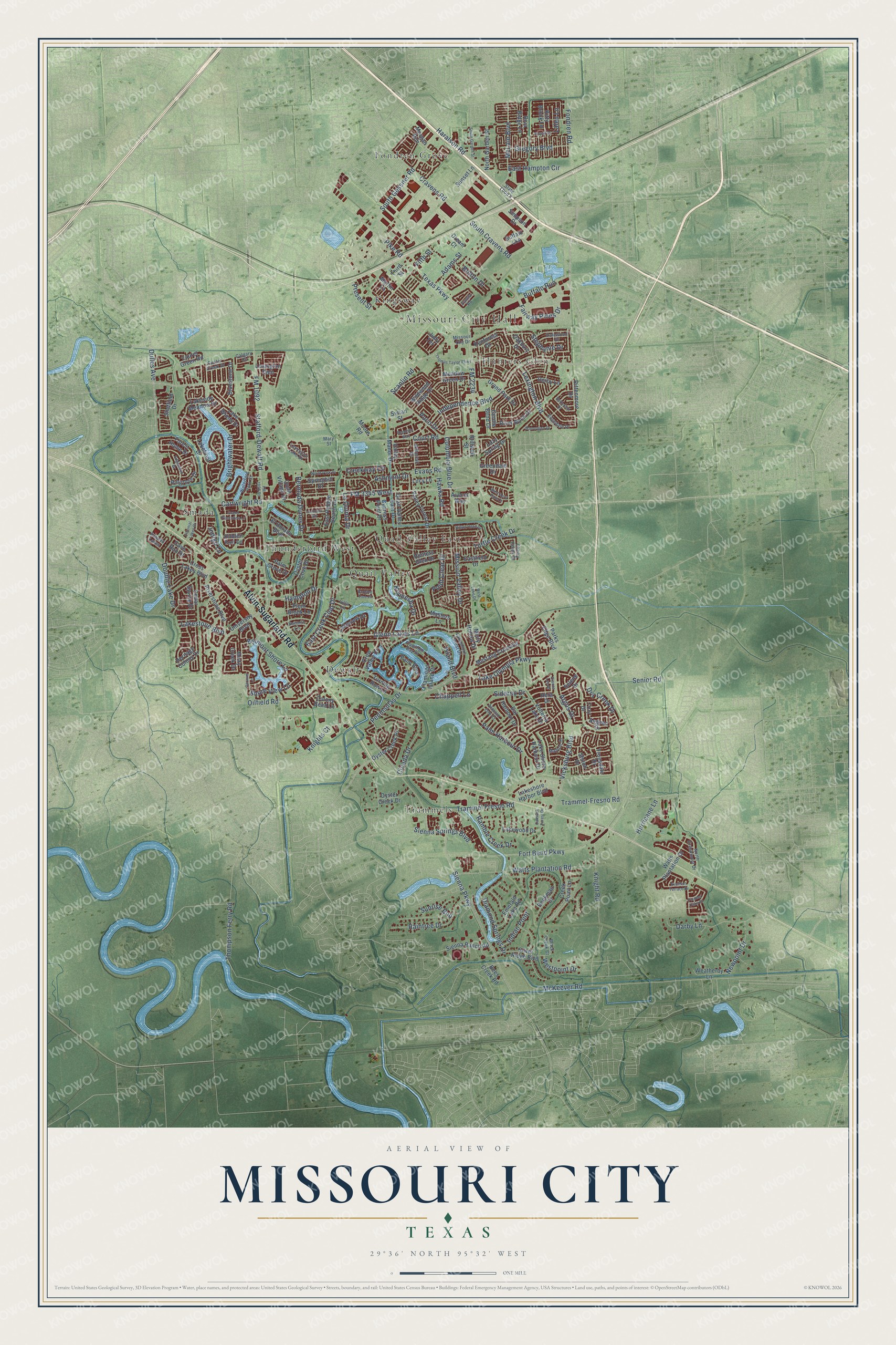 Full map of Missouri City, Texas, with red buildings, printed street names and the land around them
