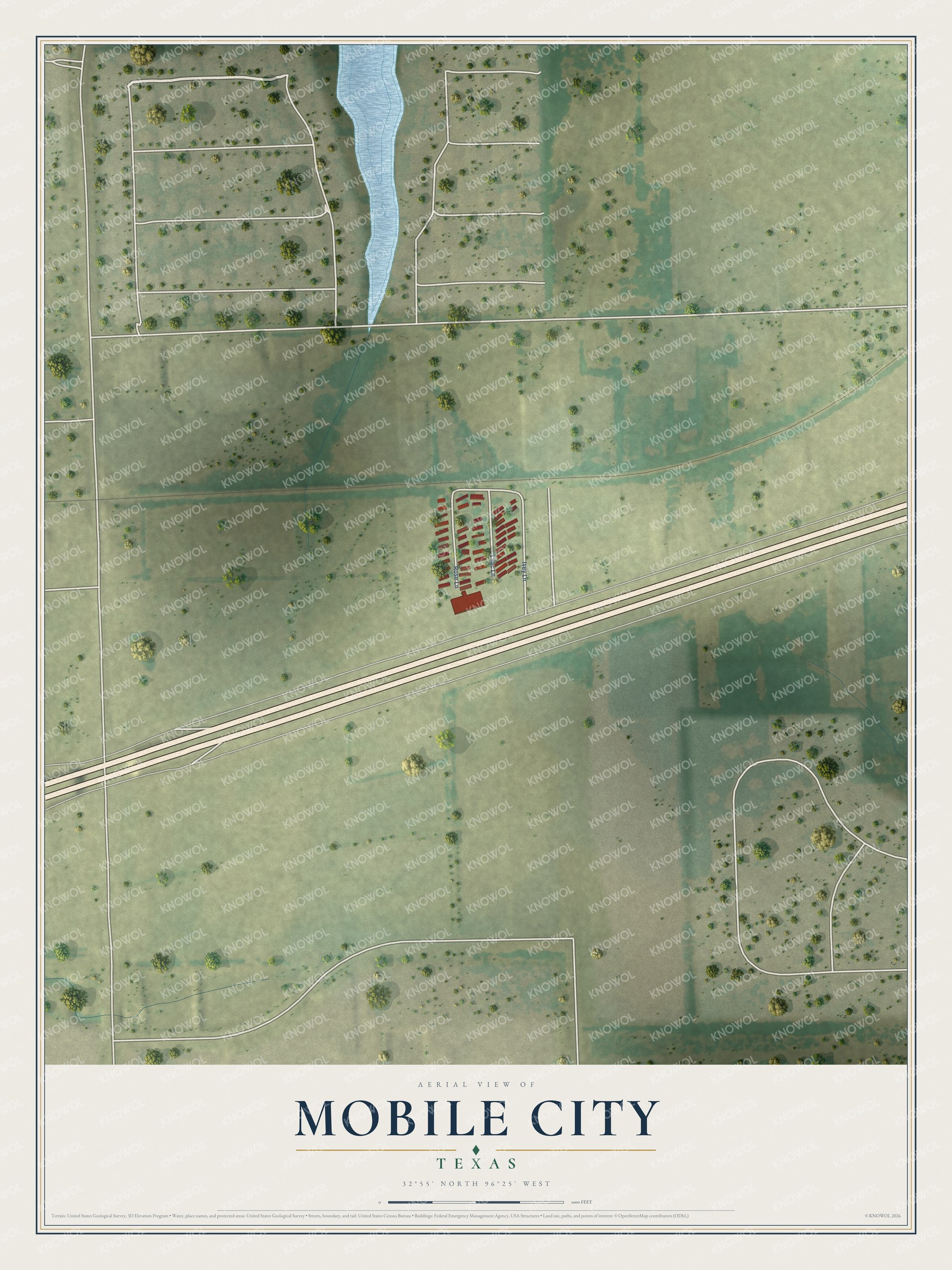Full map of Mobile City, Texas, with red buildings, printed street names and the land around them