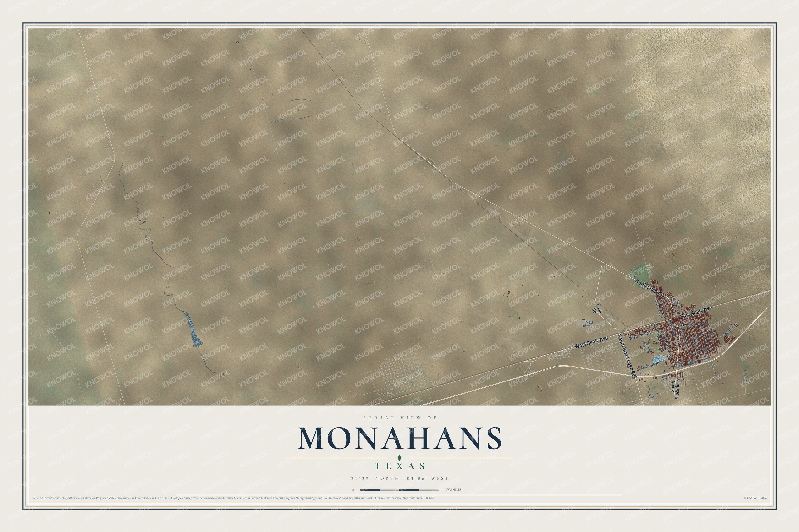 Full map of Monahans, Texas, with red buildings, printed street names and the land around them