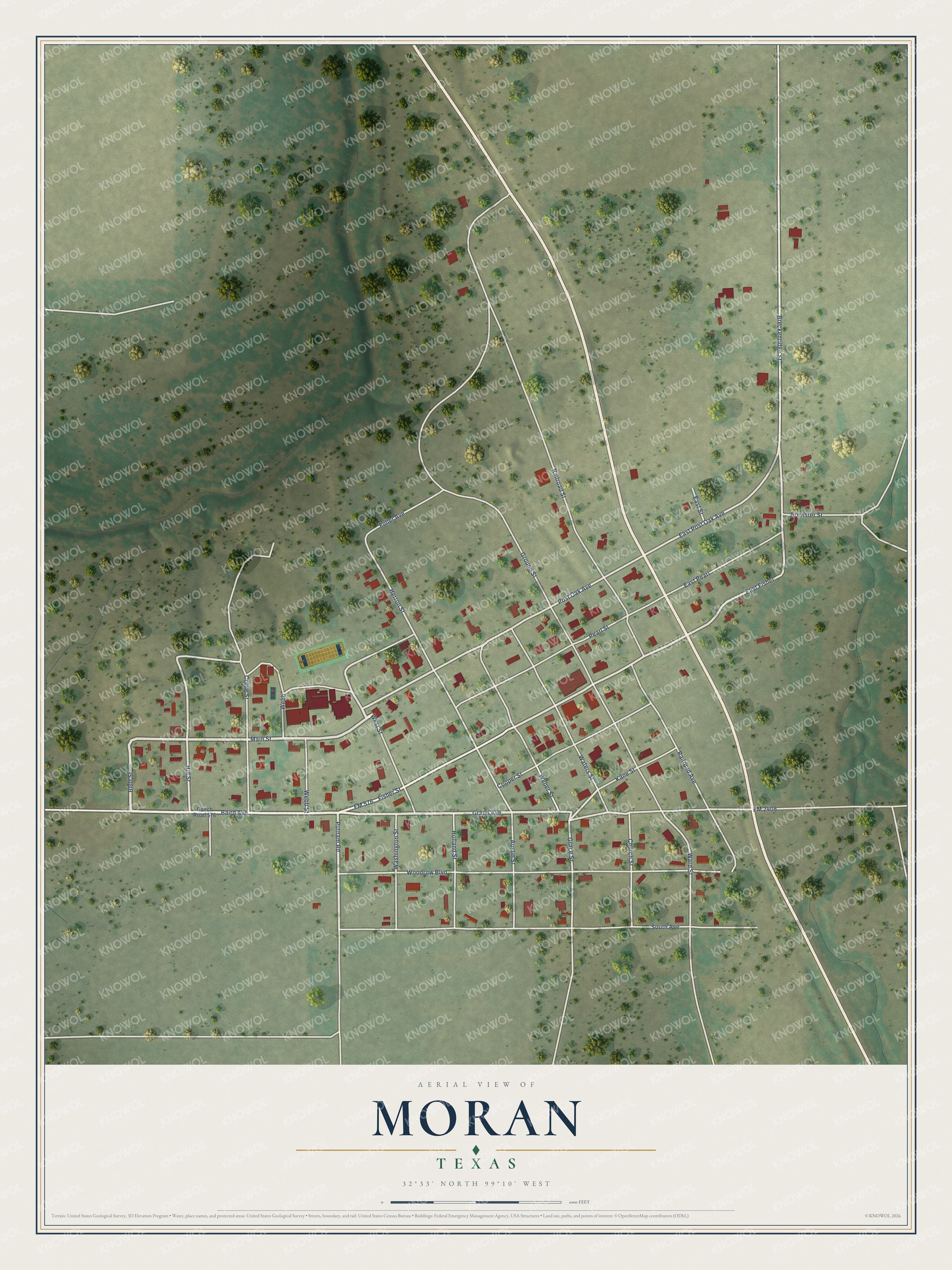 Full map of Moran, Texas, with red buildings, printed street names and the land around them