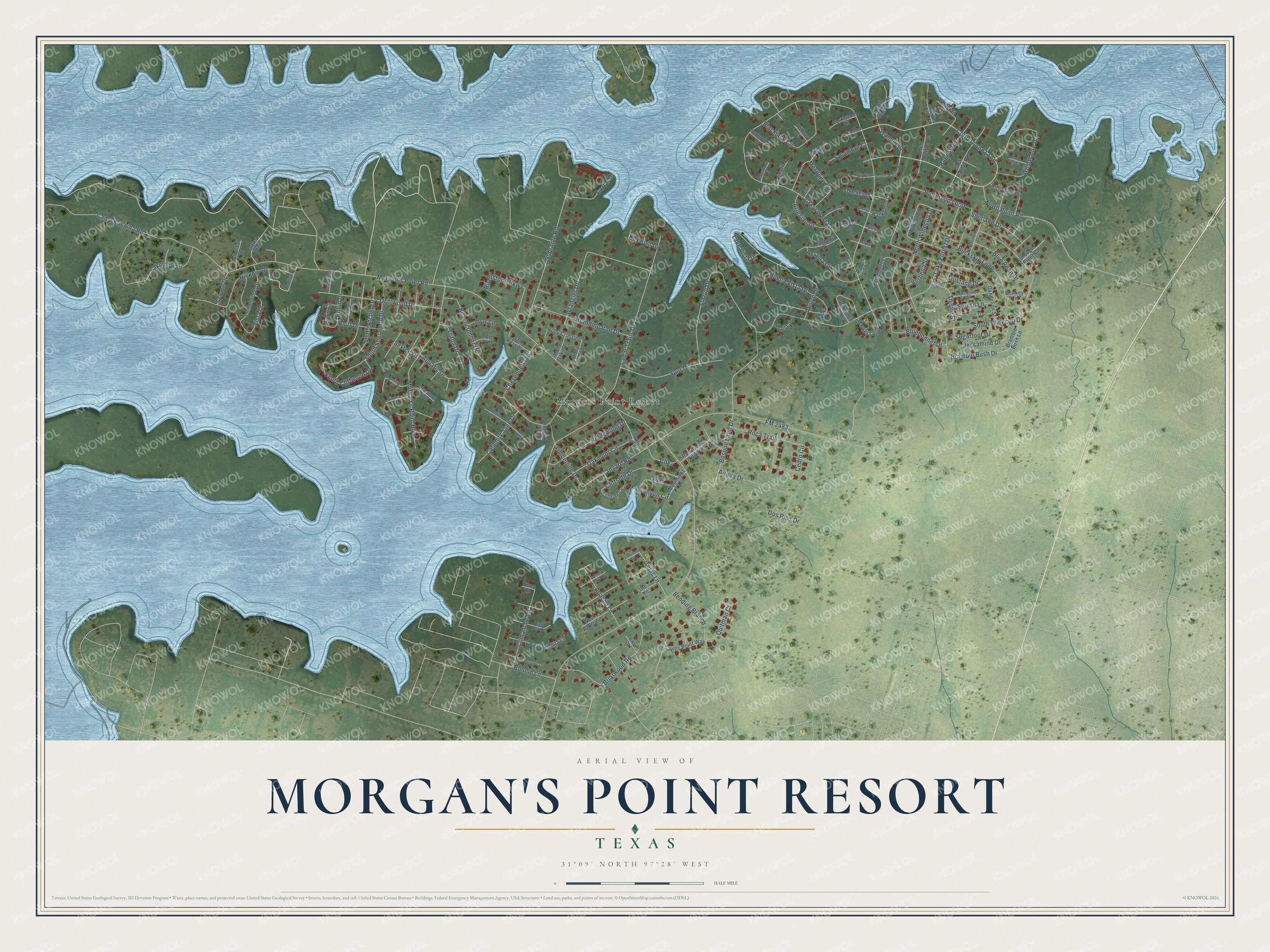 Full map of Morgan's Point Resort, Texas, with red buildings, printed street names and the land around them