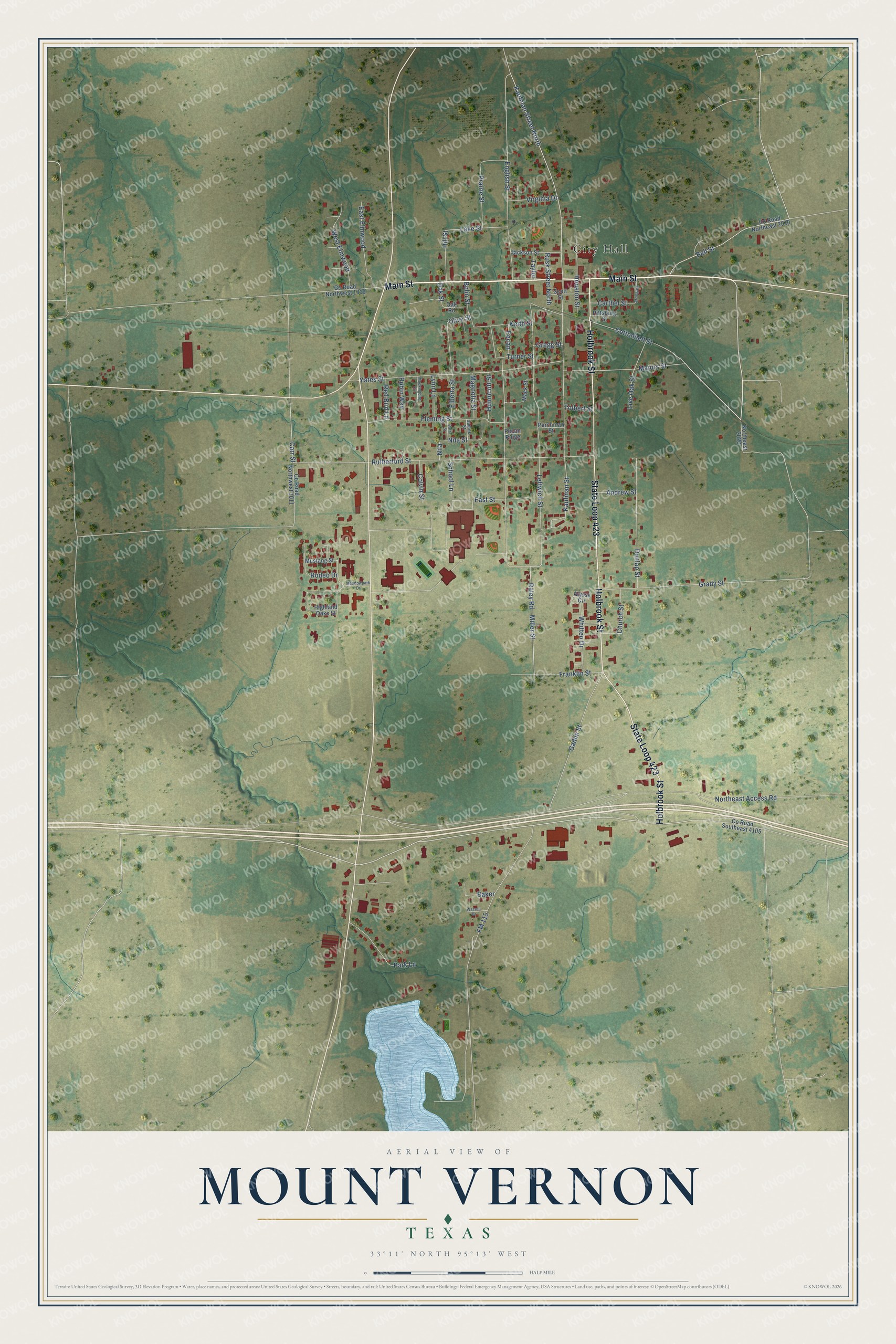 Full map of Mount Vernon, Texas, with red buildings, printed street names and the land around them