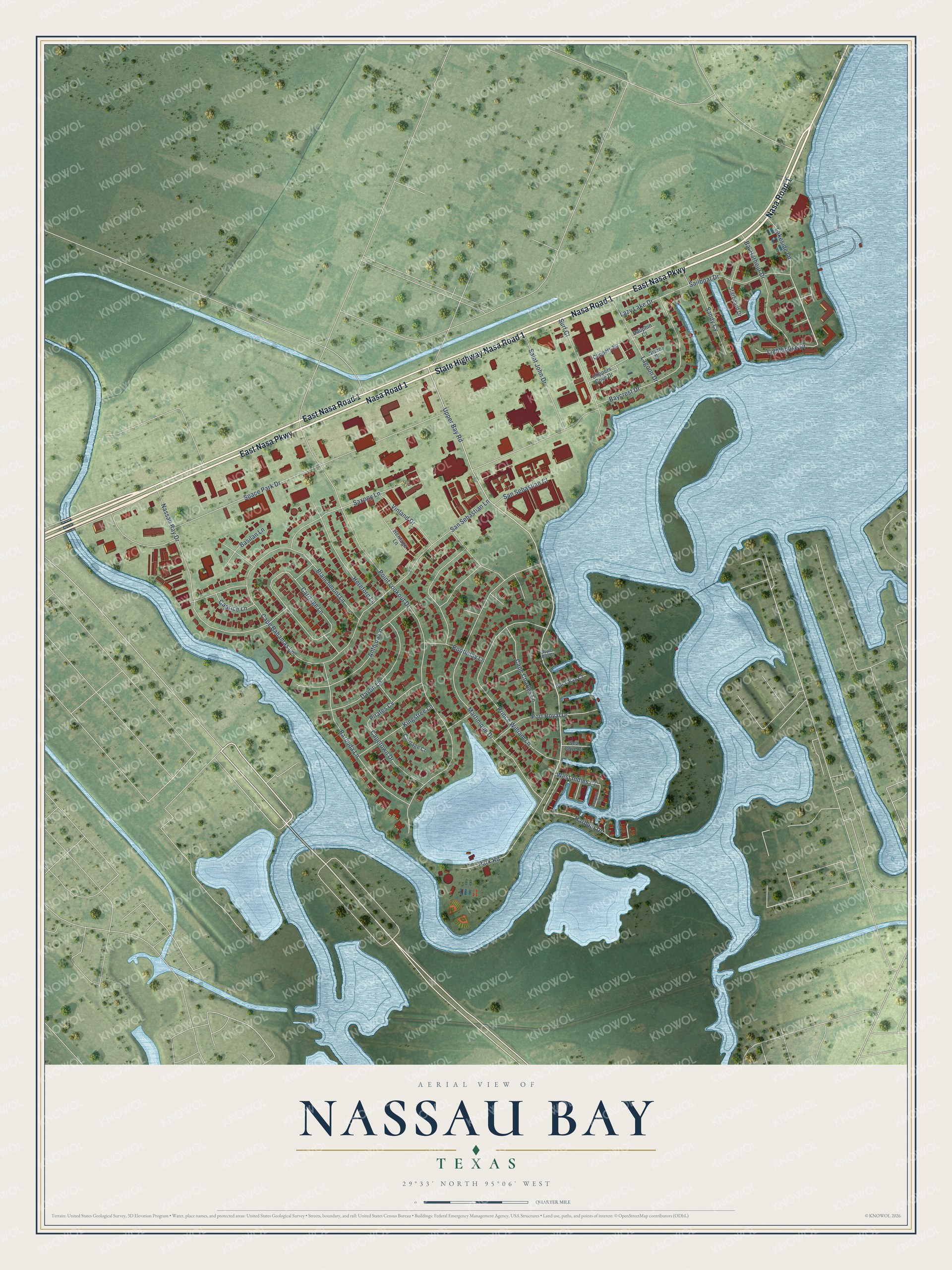Full map of Nassau Bay, Texas, with red buildings, printed street names and the land around them