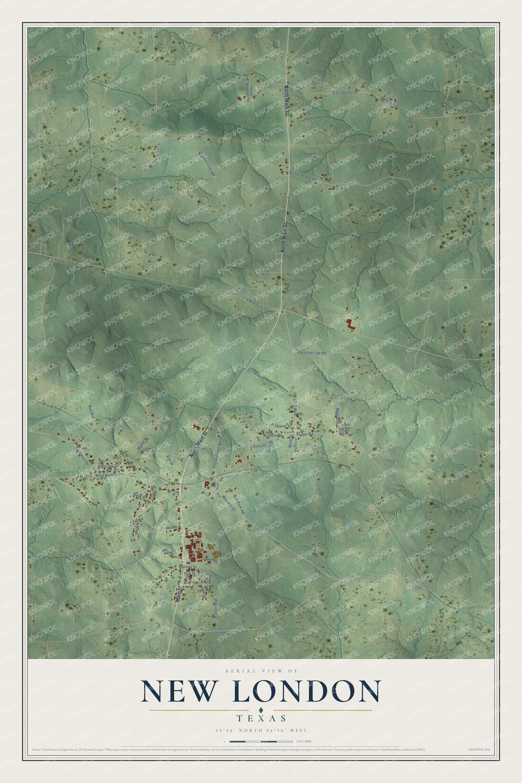 Full map of New London, Texas, with red buildings, printed street names and the land around them