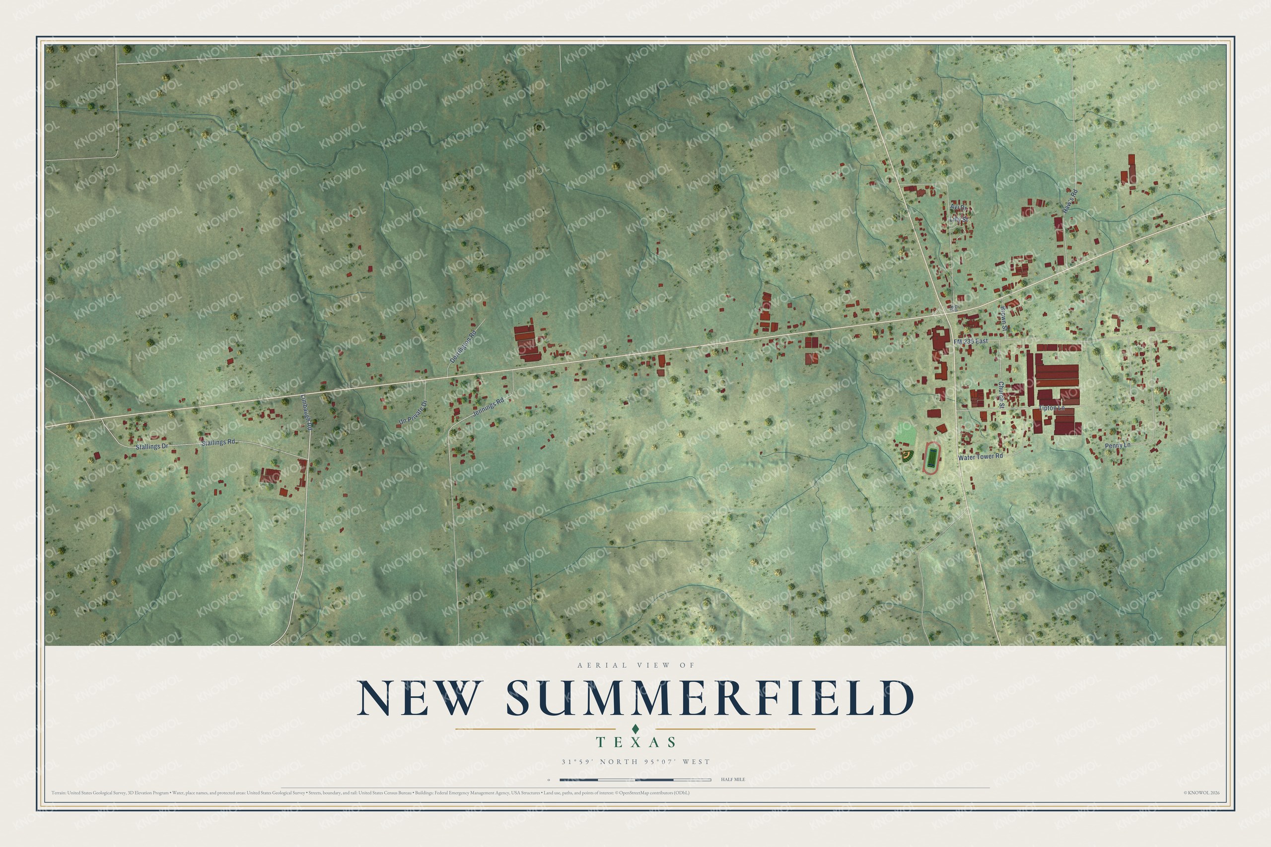 Full map of New Summerfield, Texas, with red buildings, printed street names and the land around them