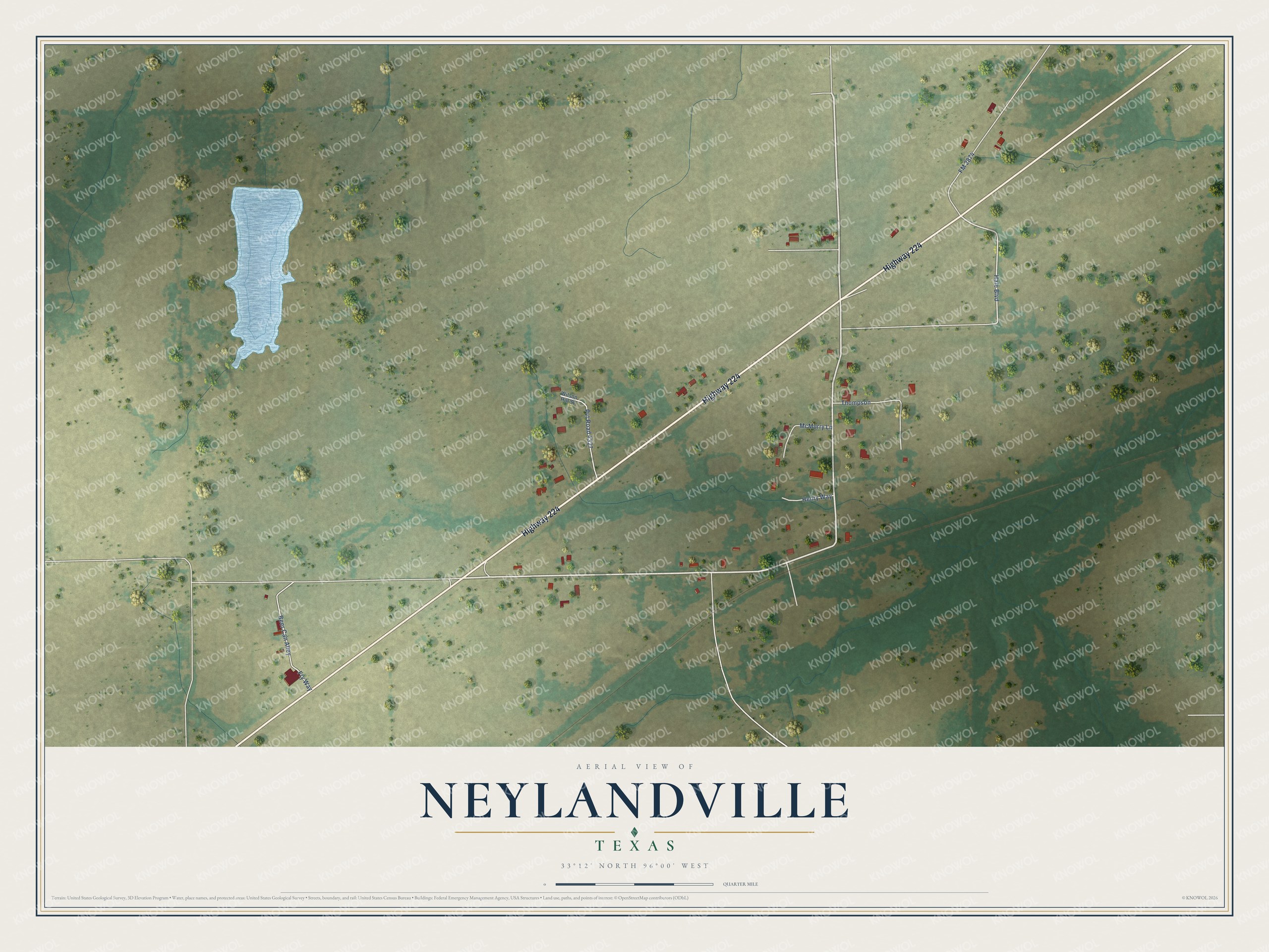 Full map of Neylandville, Texas, with red buildings, printed street names and the land around them
