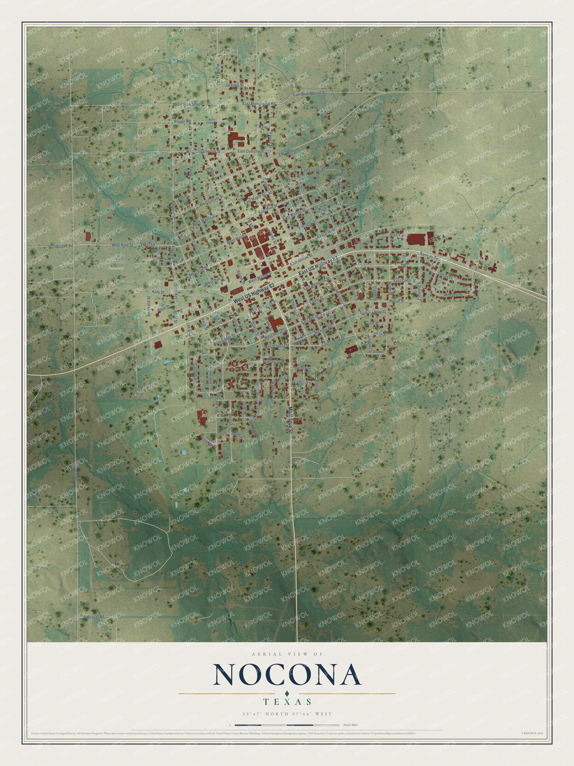 Watermarked full-map preview of Nocona, Texas