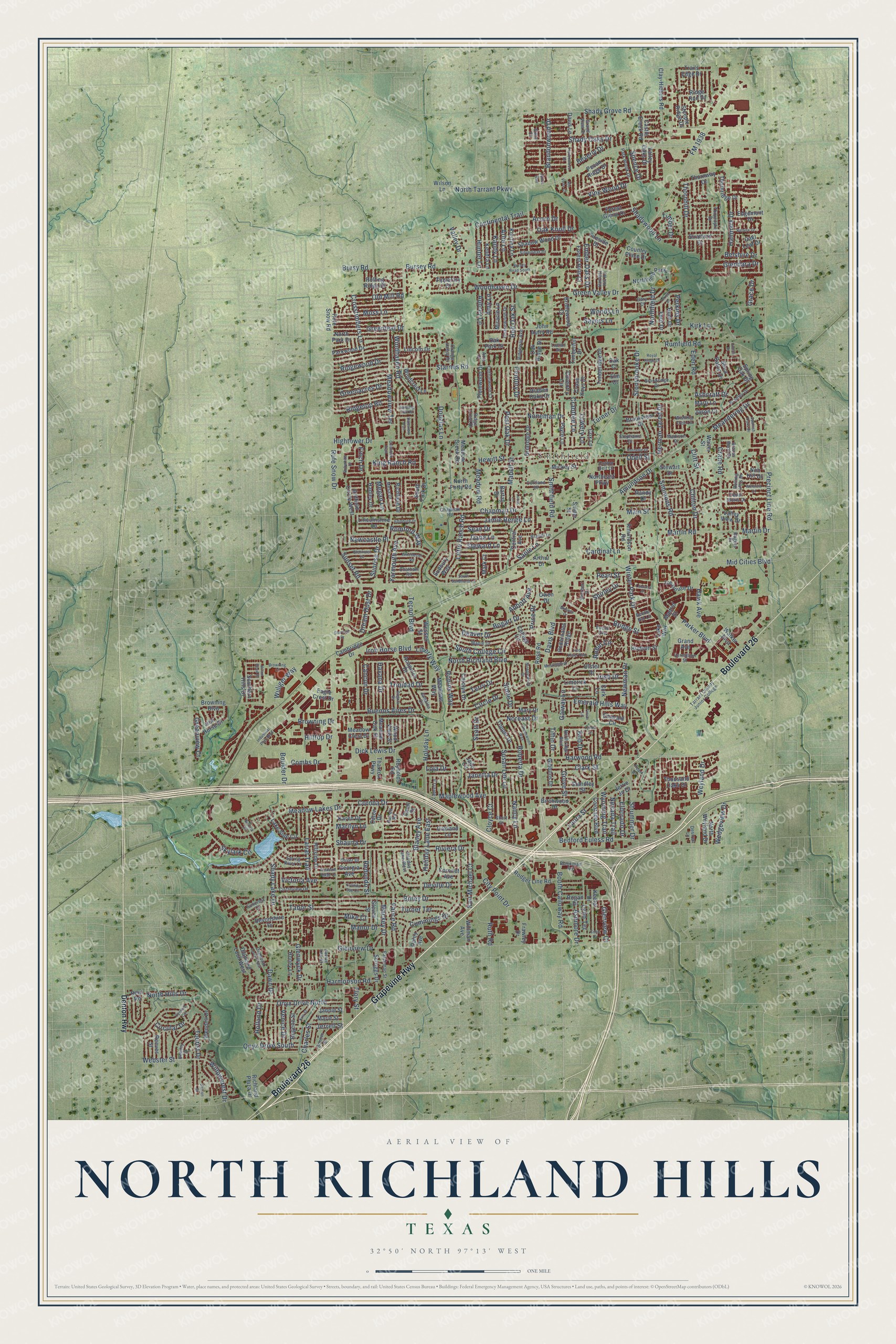 Full map of North Richland Hills, Texas, with red buildings, printed street names and the land around them