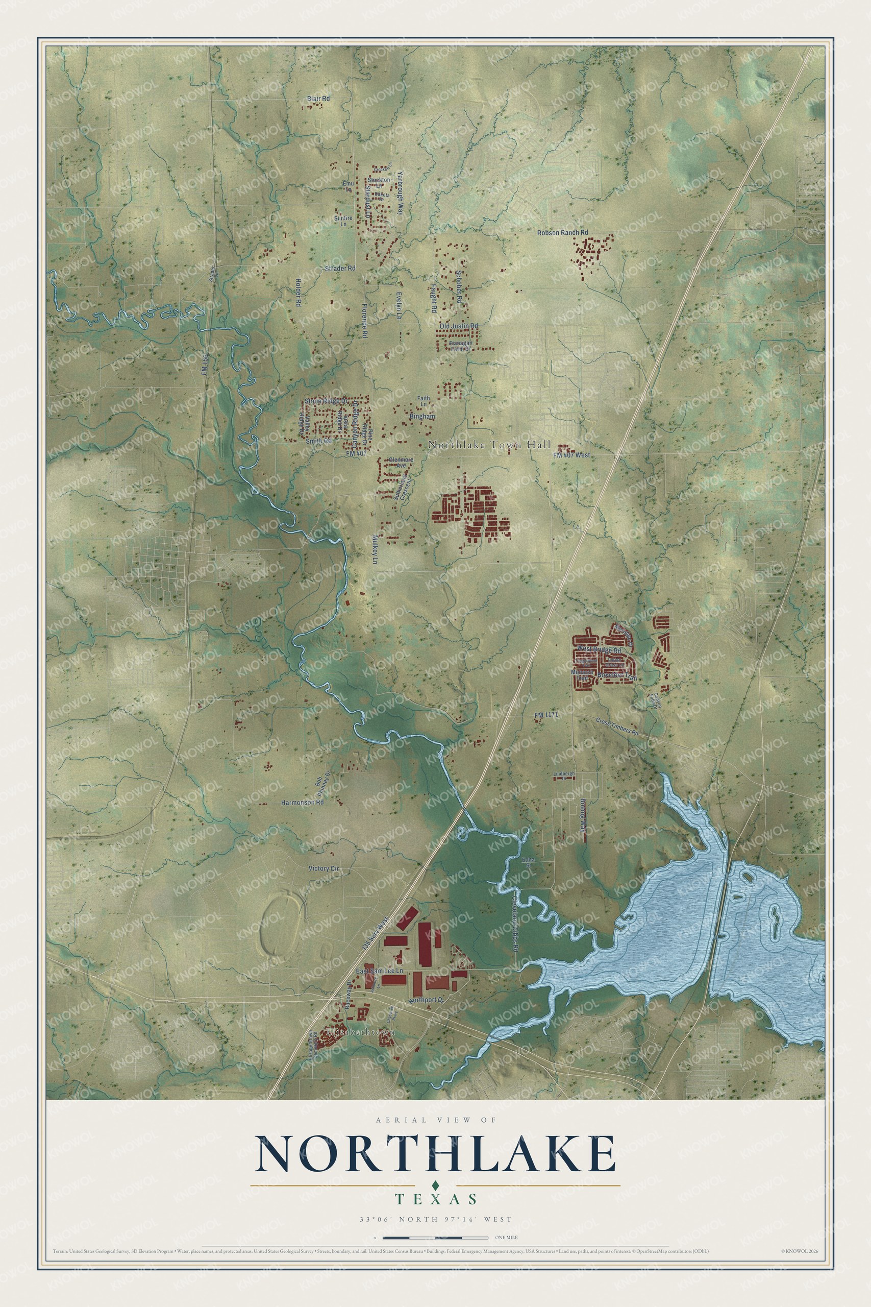 Full map of Northlake, Texas, with red buildings, printed street names and the land around them
