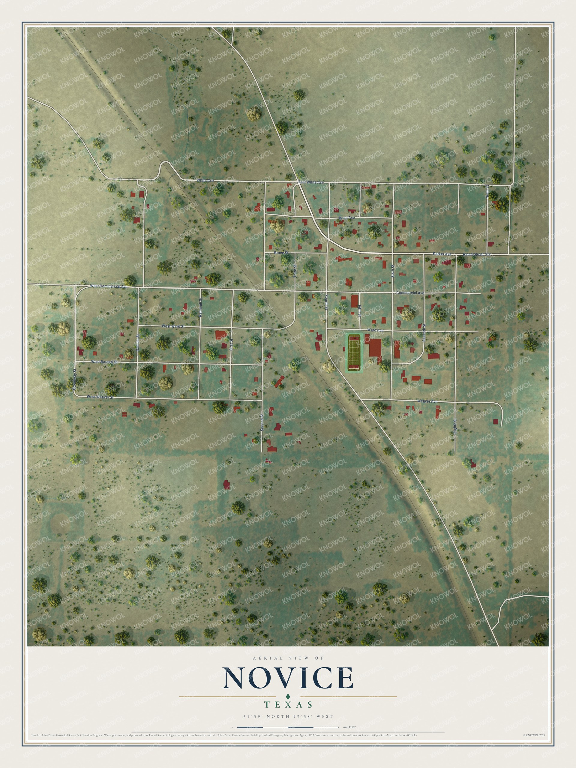 Full map of Novice, Texas, with red buildings, printed street names and the land around them