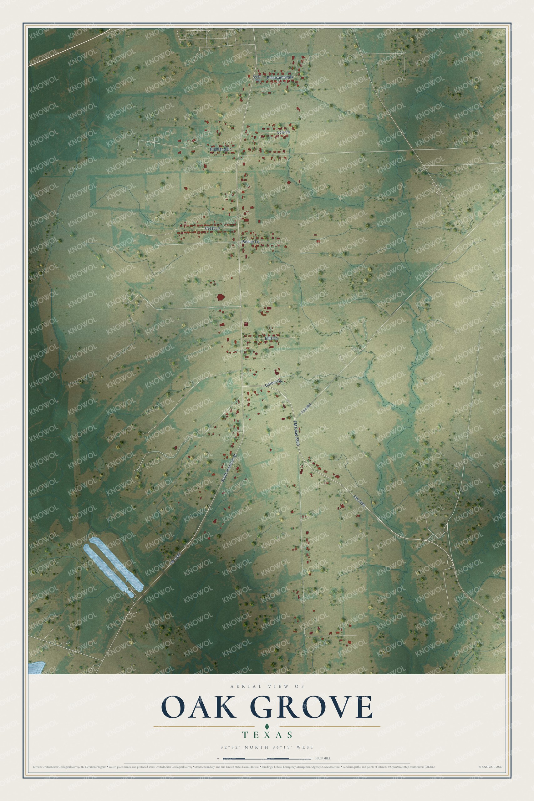 Full map of Oak Grove, Texas, with red buildings, printed street names and the land around them