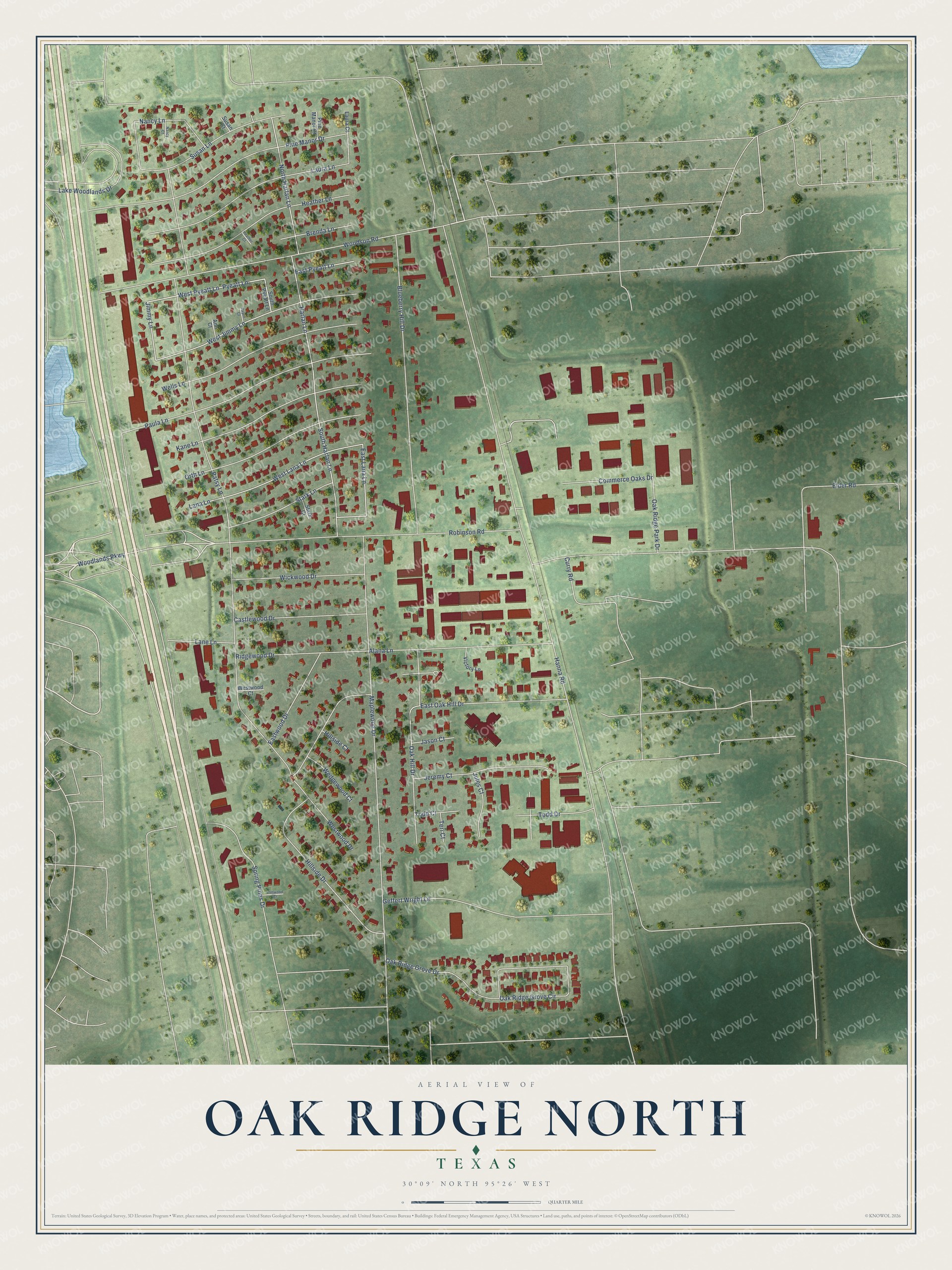 Full map of Oak Ridge North, Texas, with red buildings, printed street names and the land around them