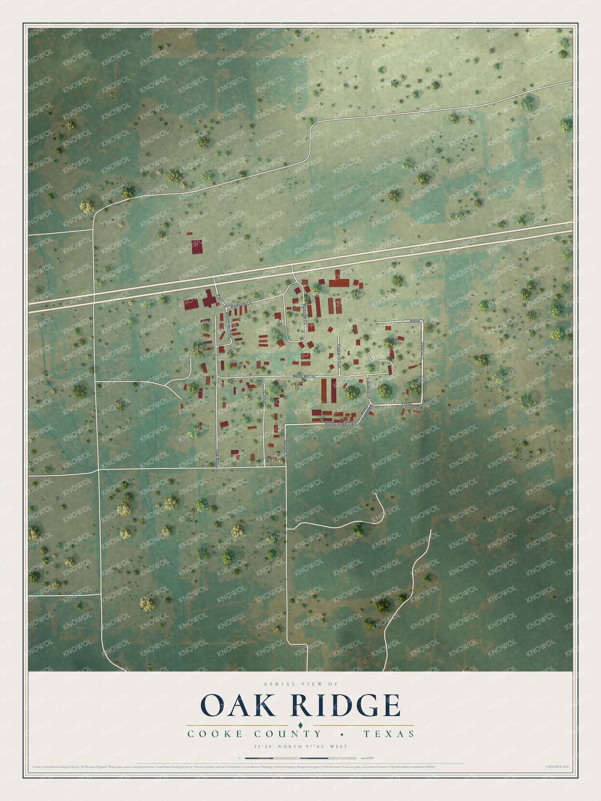 Full map of Oak Ridge, Cooke County, Texas, with red buildings, printed street names and the land around them