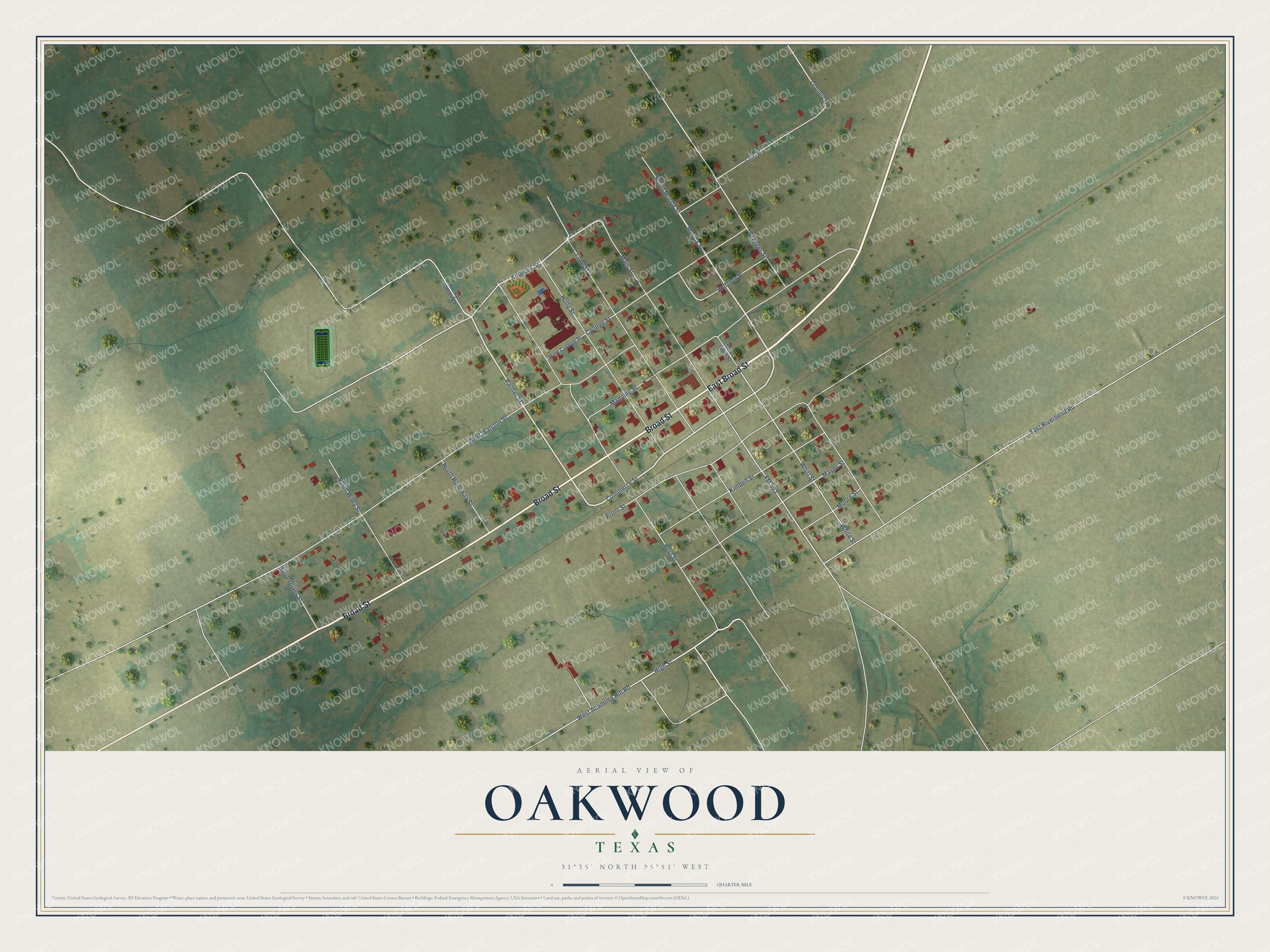 Full map of Oakwood, Texas, with red buildings, printed street names and the land around them
