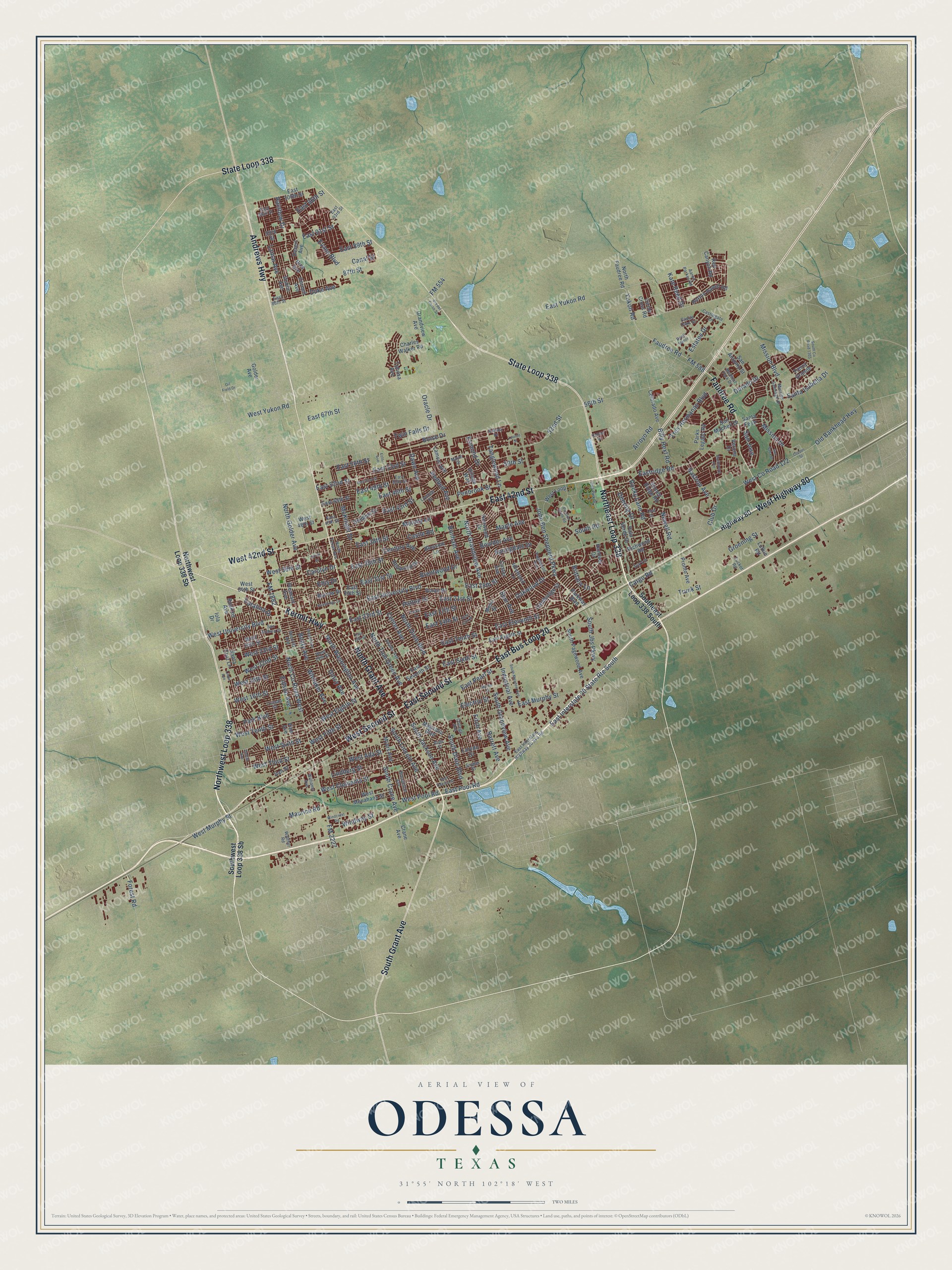 Full map of Odessa, Texas, with red buildings, printed street names and the land around them