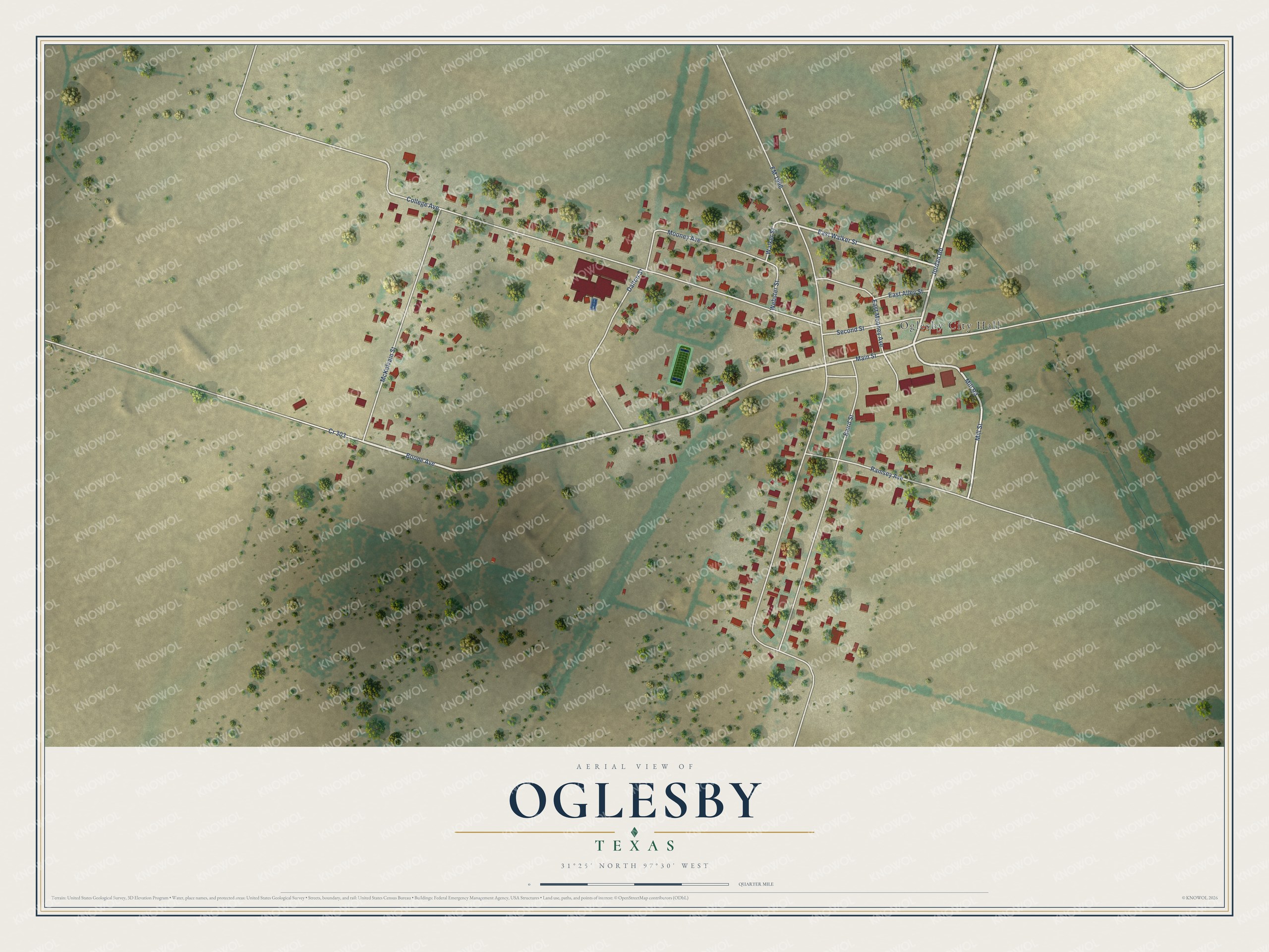 Full map of Oglesby, Texas, with red buildings, printed street names and the land around them