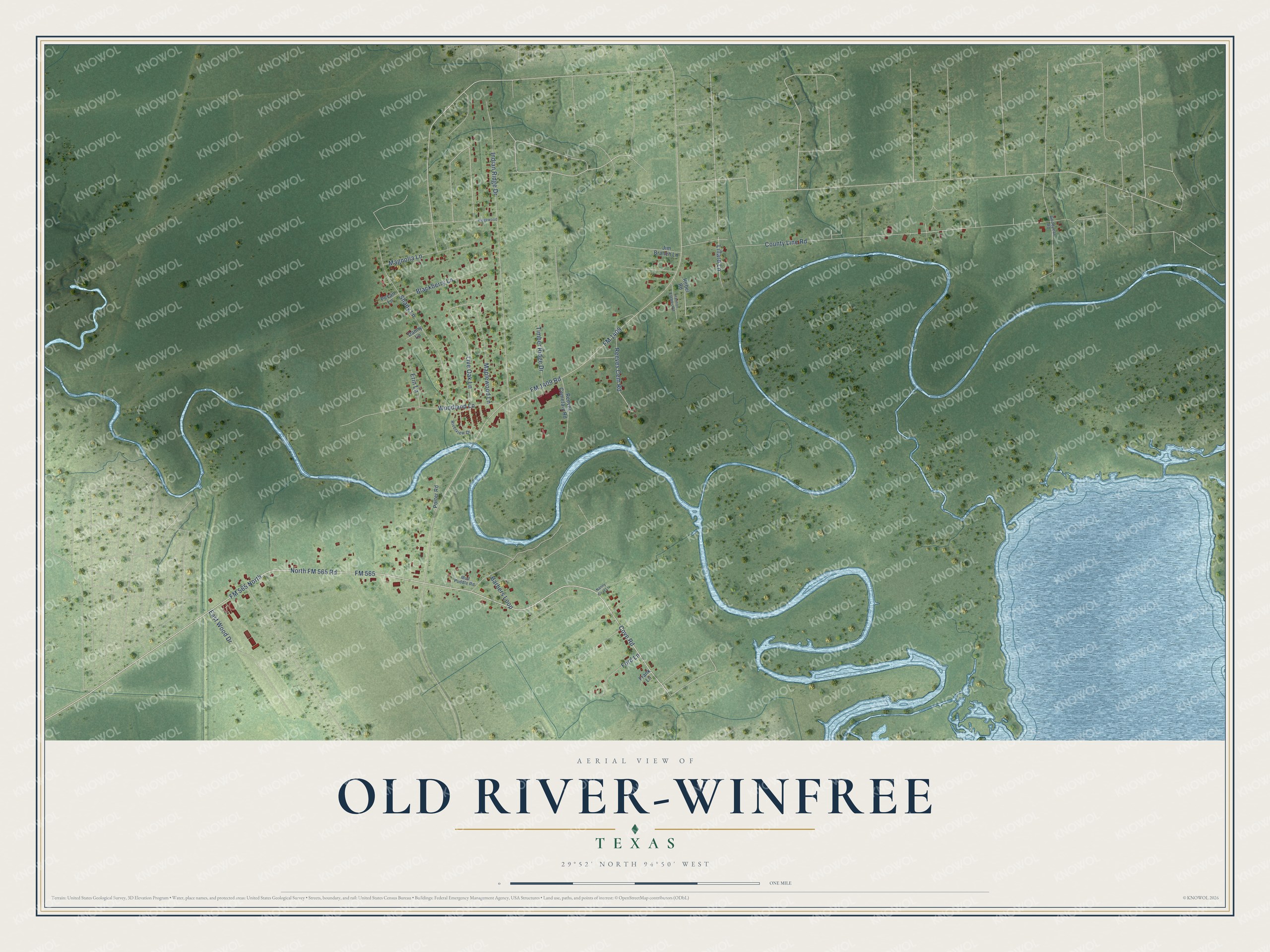 Full map of Old River-Winfree, Texas, with red buildings, printed street names and the land around them