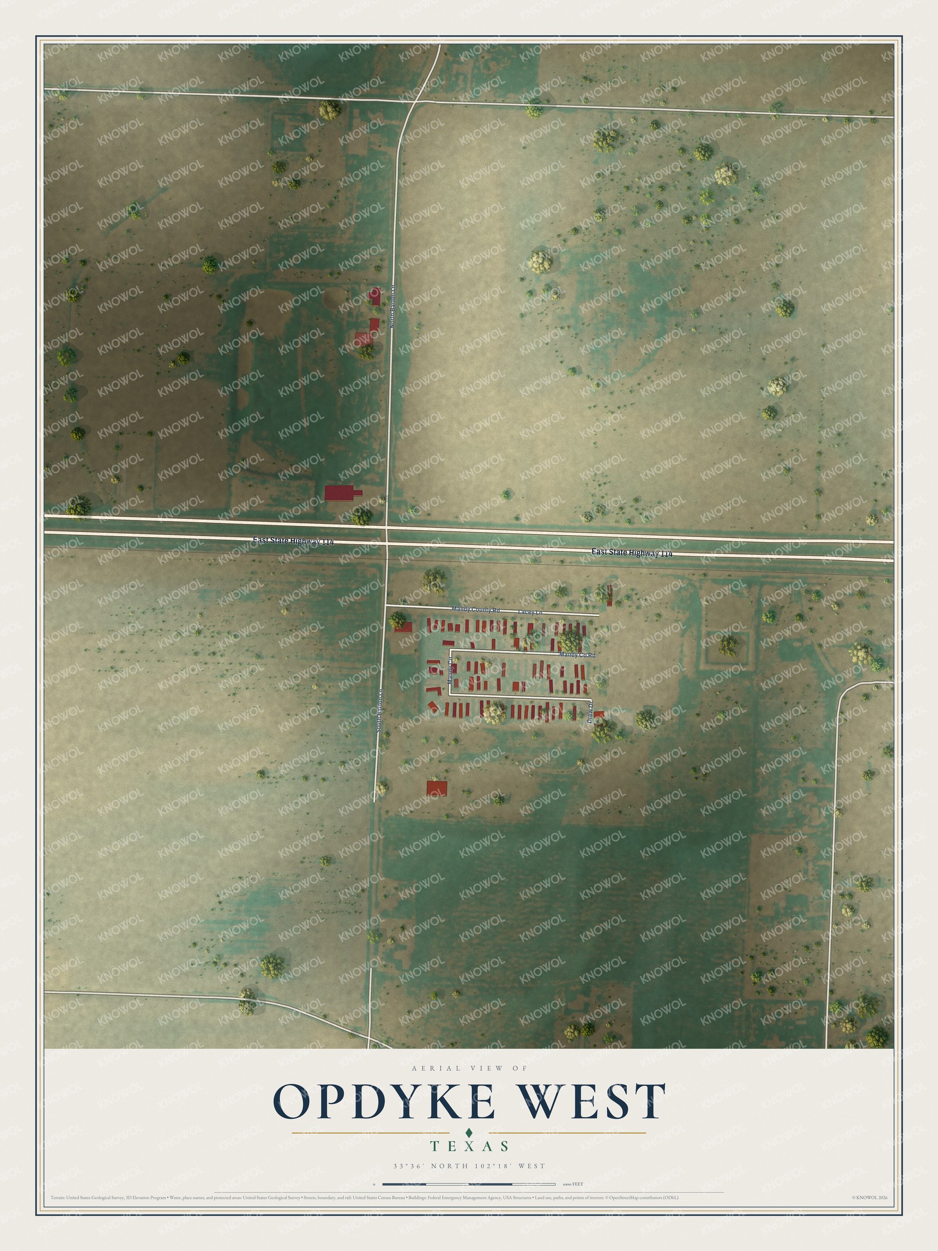 Full map of Opdyke West, Texas, with red buildings, printed street names and the land around them