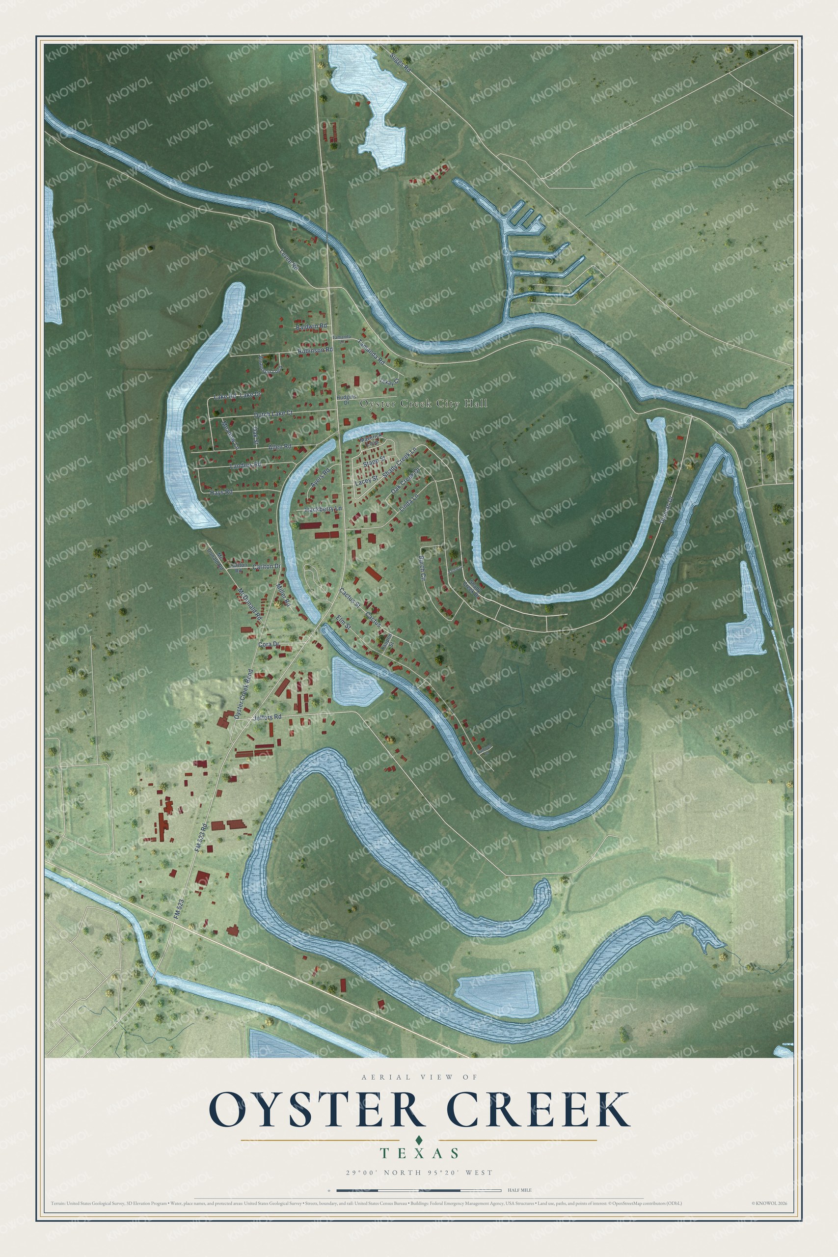 Full map of Oyster Creek, Texas, with red buildings, printed street names and the land around them