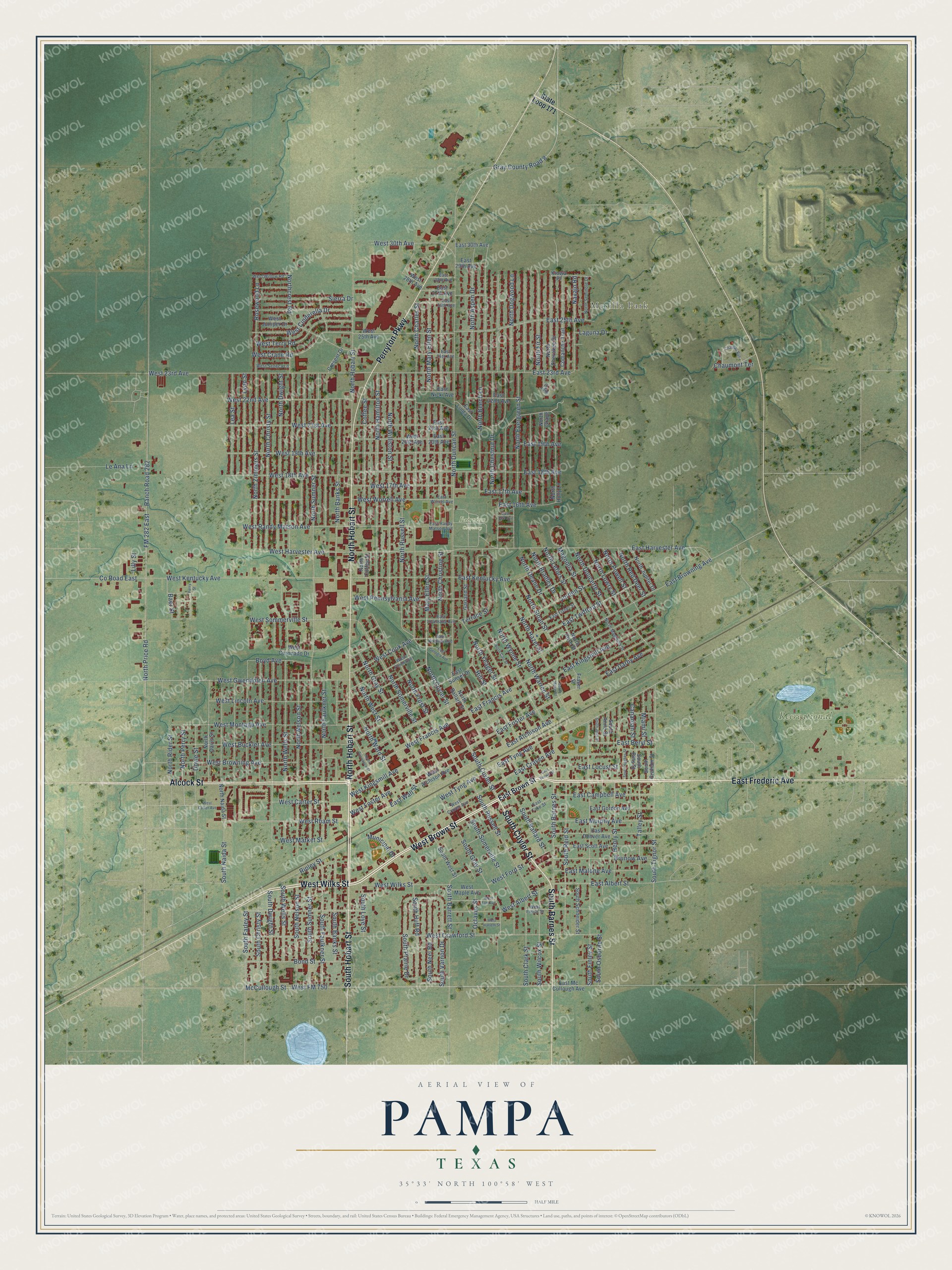 Full map of Pampa, Texas, with red buildings, printed street names and the land around them