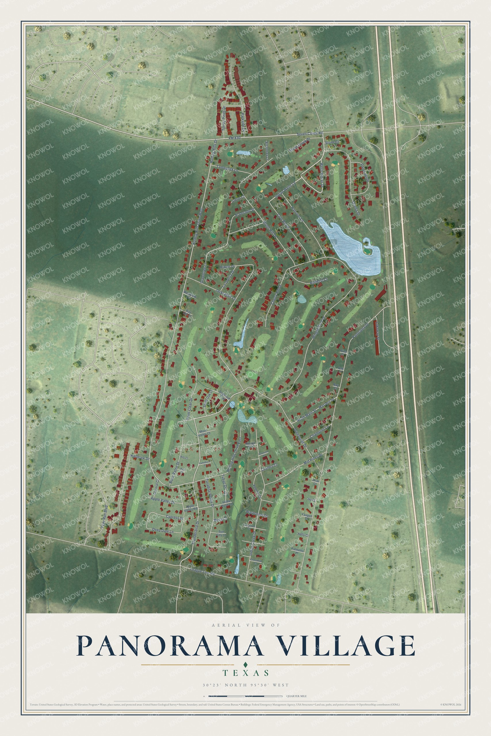 Full map of Panorama Village, Texas, with red buildings, printed street names and the land around them