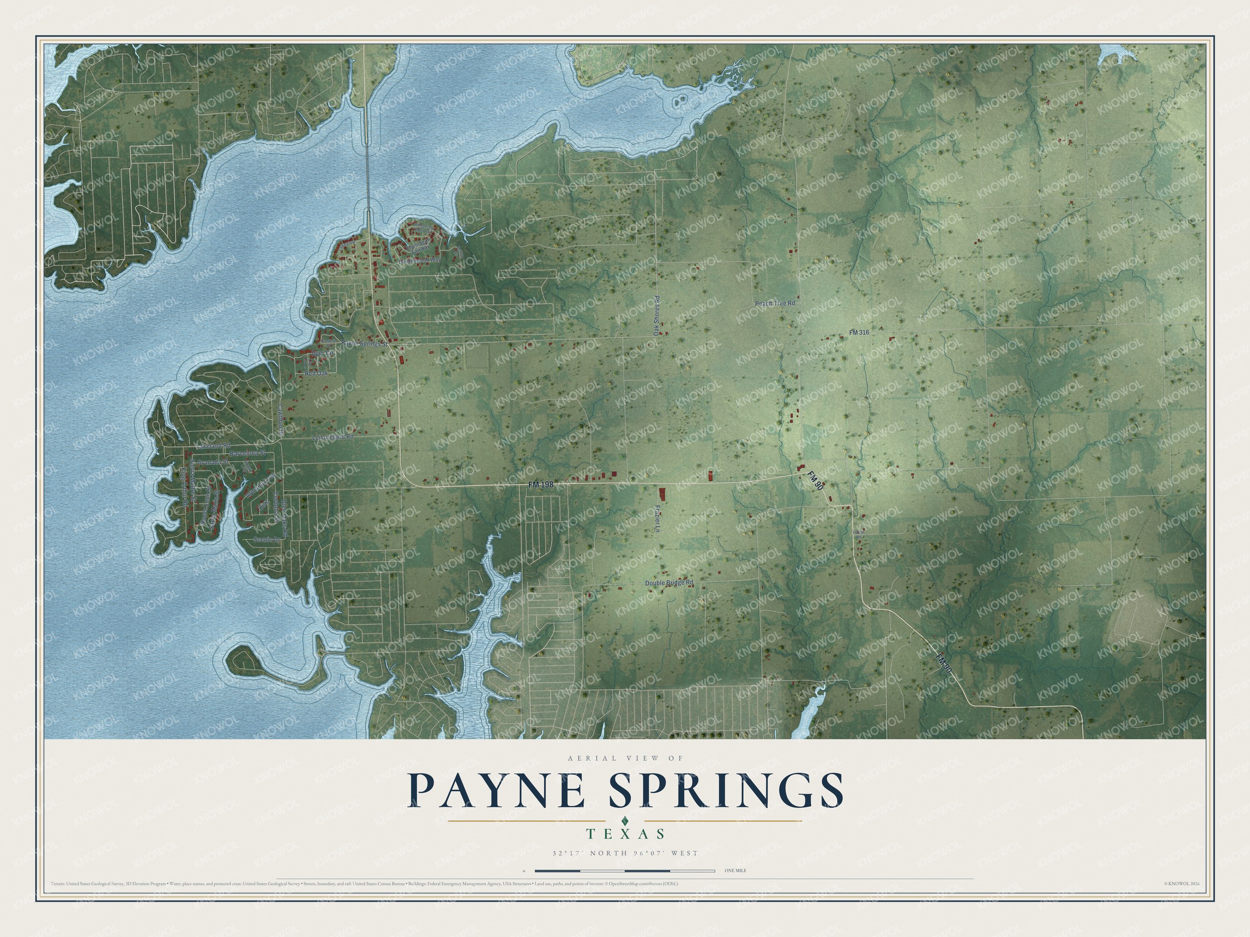 Full map of Payne Springs, Texas, with red buildings, printed street names and the land around them