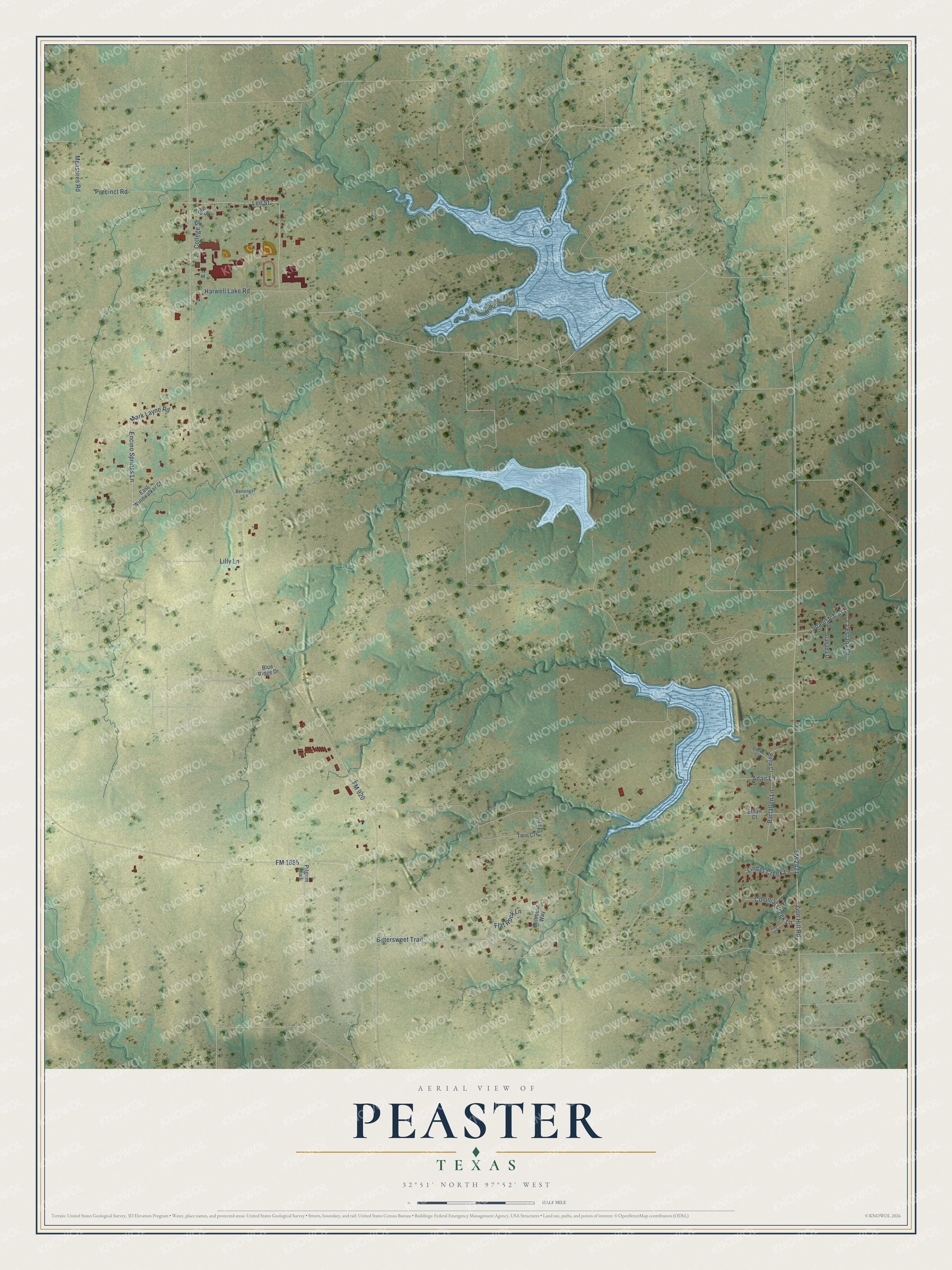 Full map of Peaster, Texas, with red buildings, printed street names and the land around them