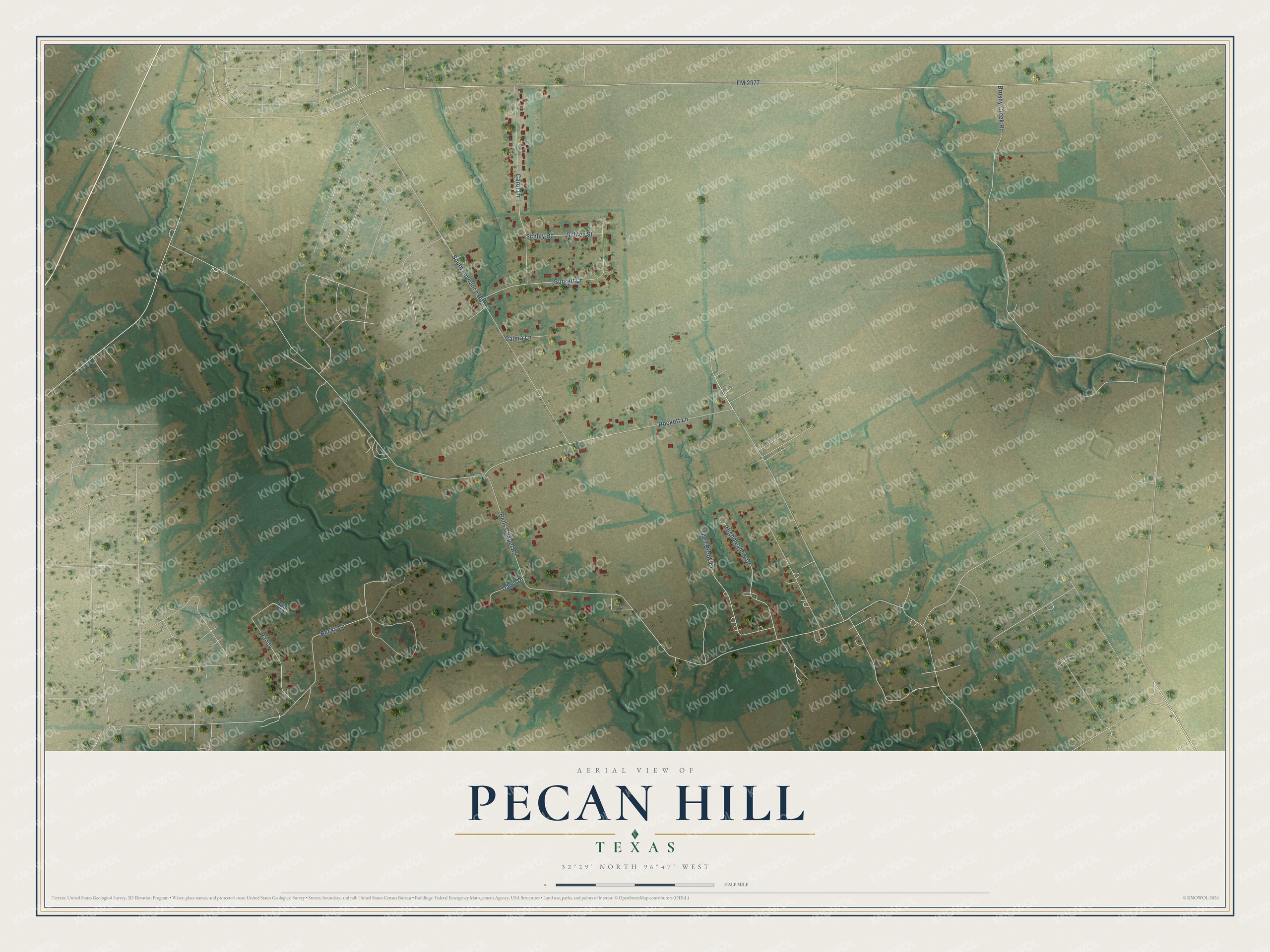 Full map of Pecan Hill, Texas, with red buildings, printed street names and the land around them