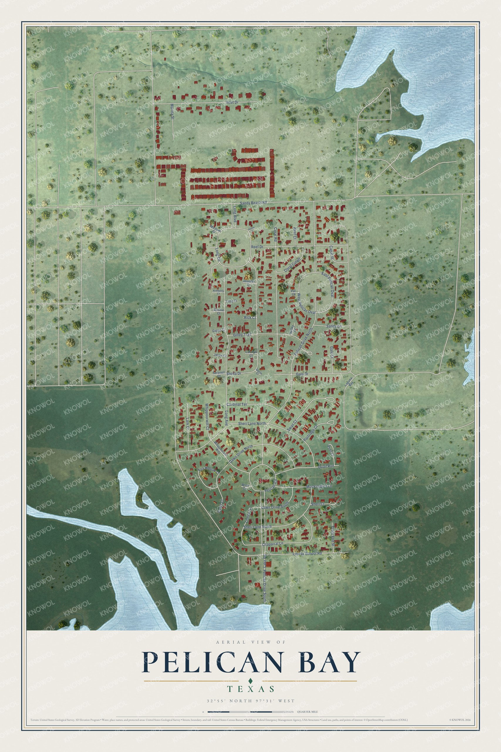 Full map of Pelican Bay, Texas, with red buildings, printed street names and the land around them