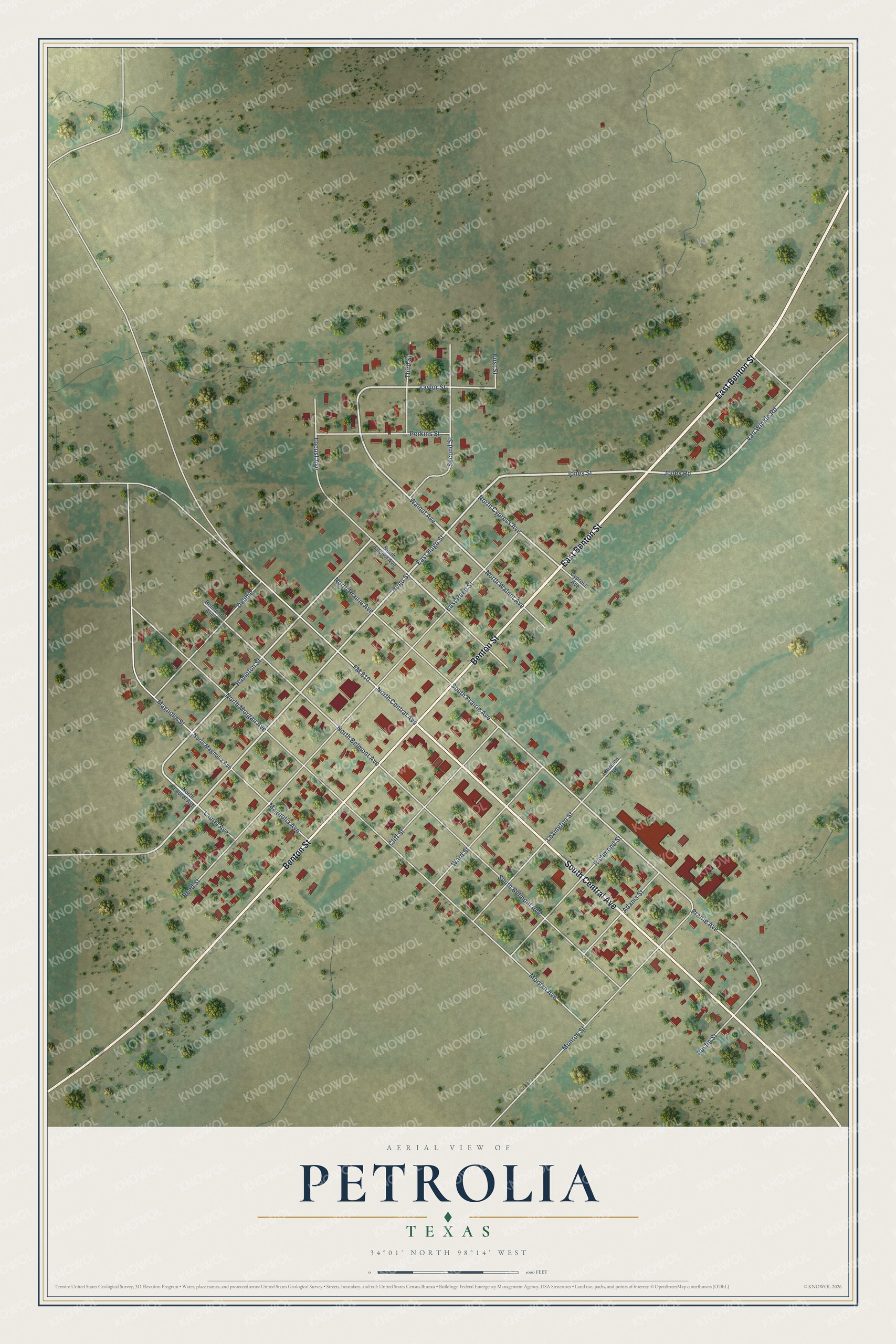 Full map of Petrolia, Texas, with red buildings, printed street names and the land around them