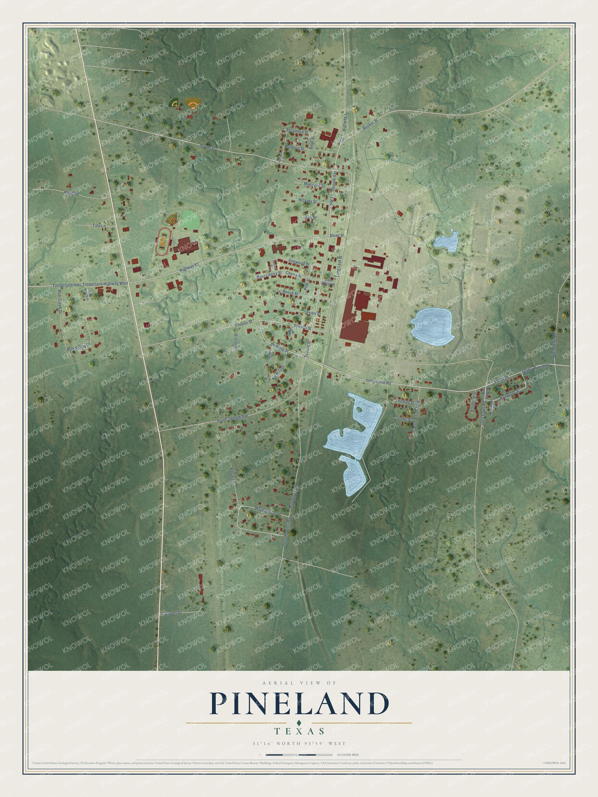 Watermarked full-map preview of Pineland, Texas