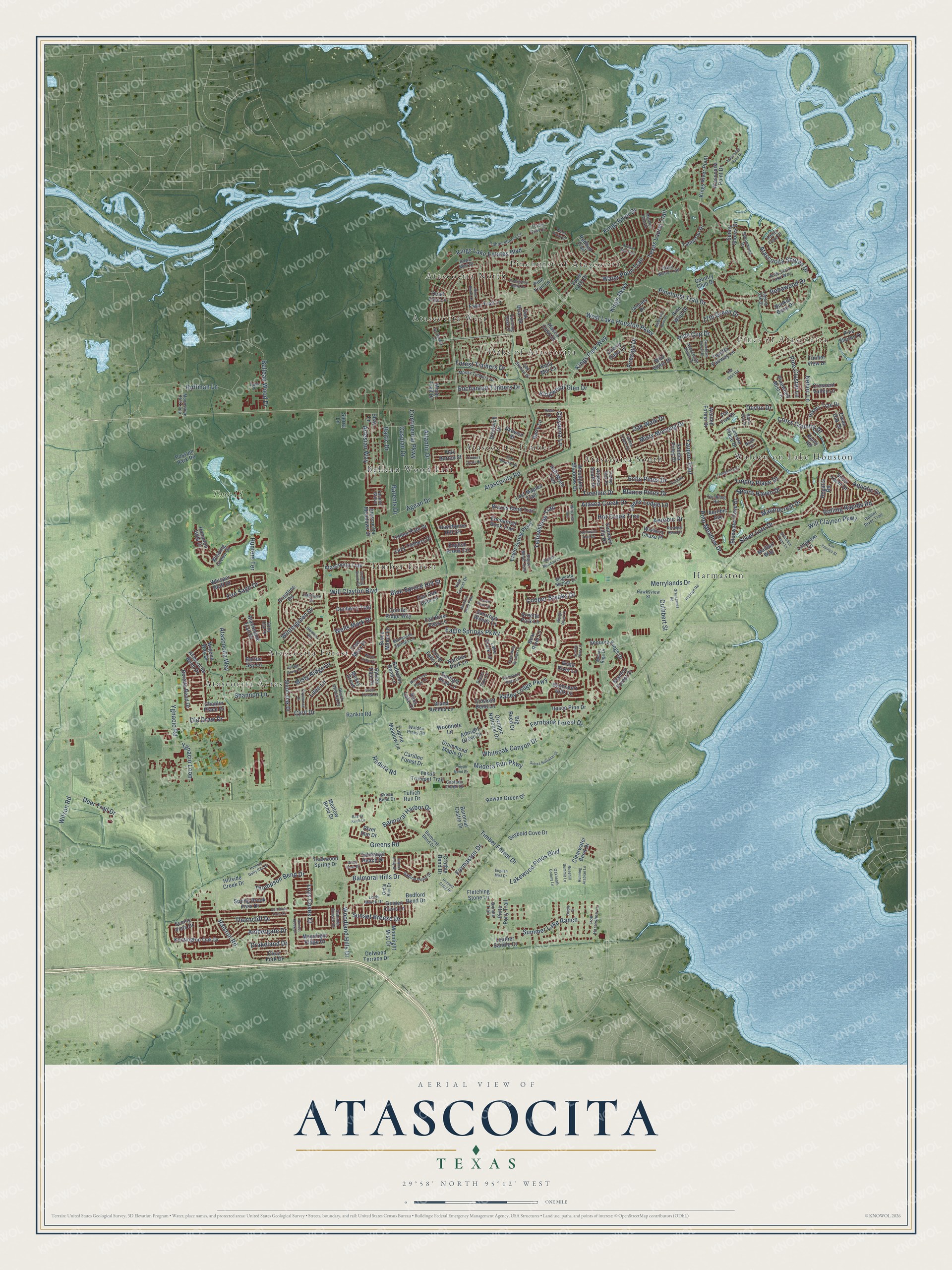 Full map of Atascocita, Texas, with red buildings, printed street names and the land around them