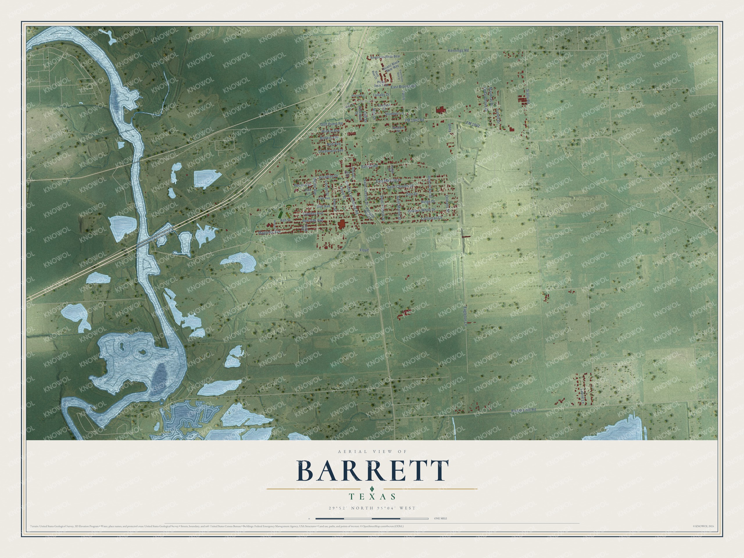 Full map of Barrett, Texas, with red buildings, printed street names and the land around them