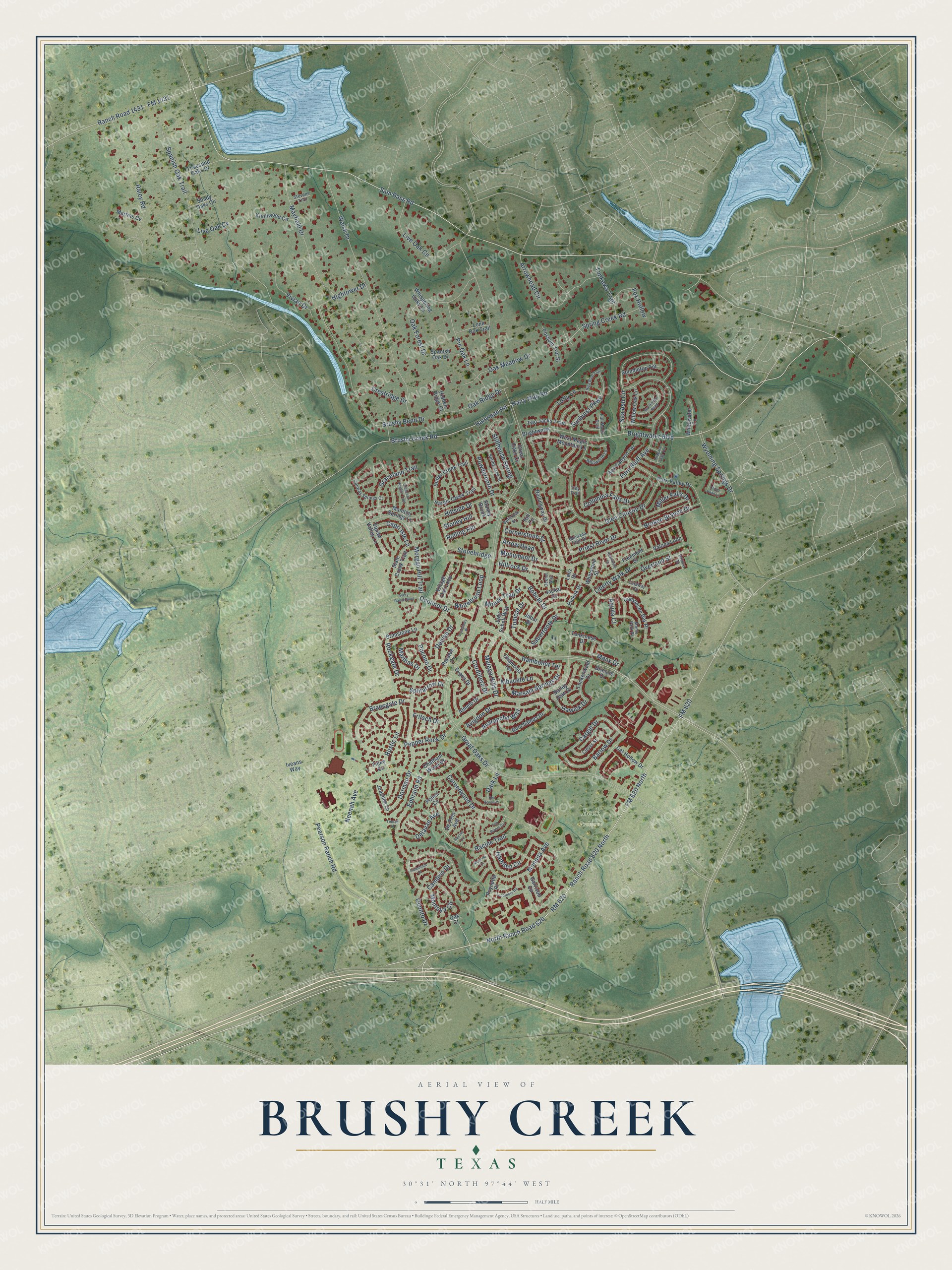 Full map of Brushy Creek, Texas, with red buildings, printed street names and the land around them