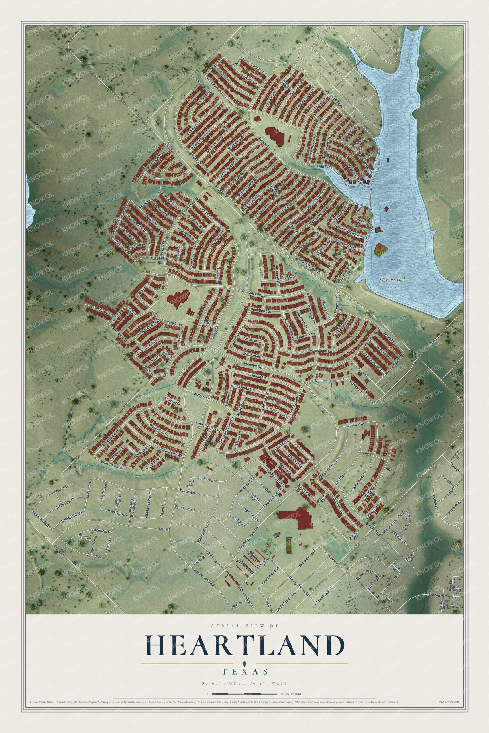 Full map of Heartland, Texas, with red buildings, printed street names and the land around them
