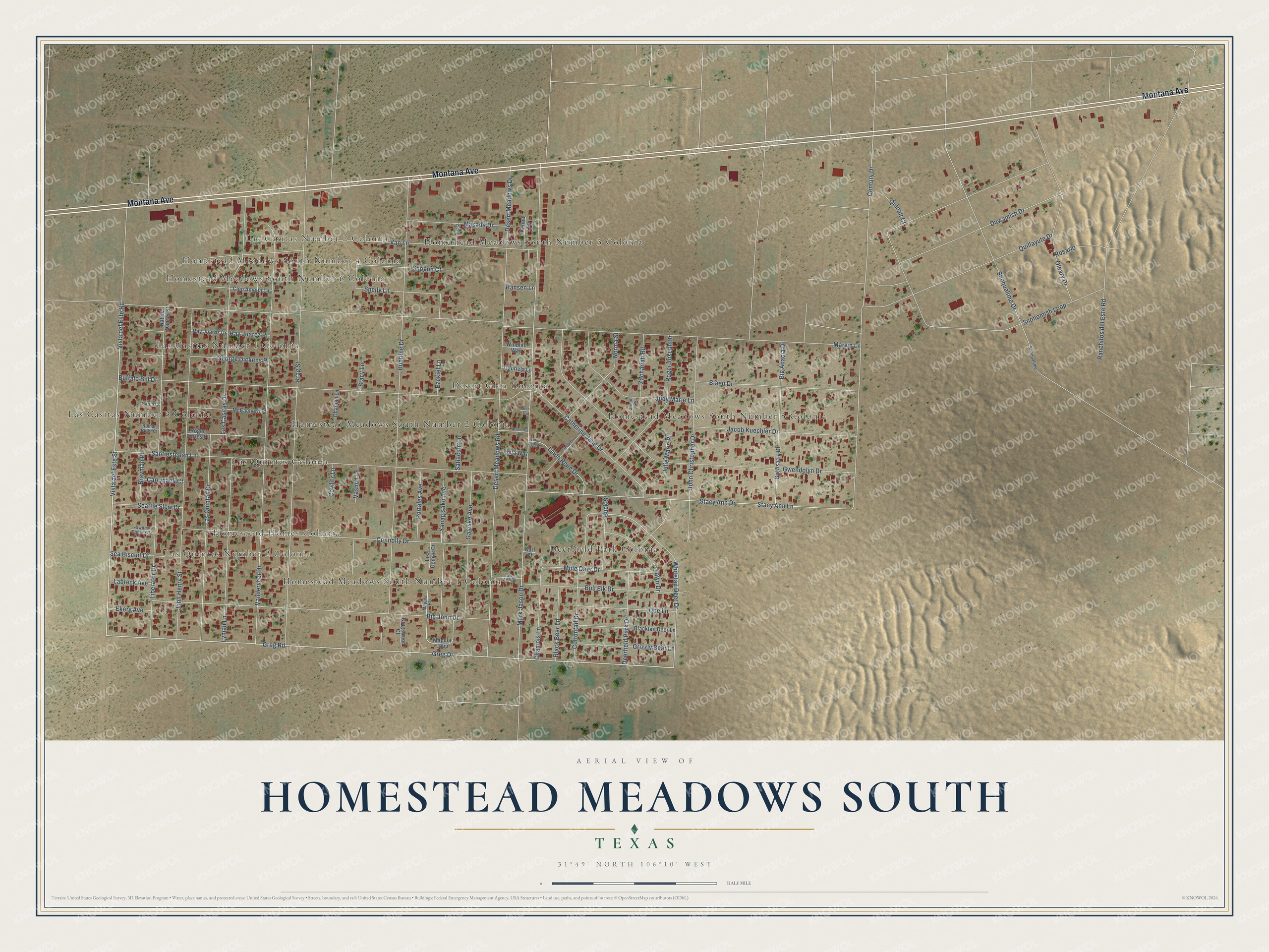 Full map of Homestead Meadows South, Texas, with red buildings, printed street names and the land around them