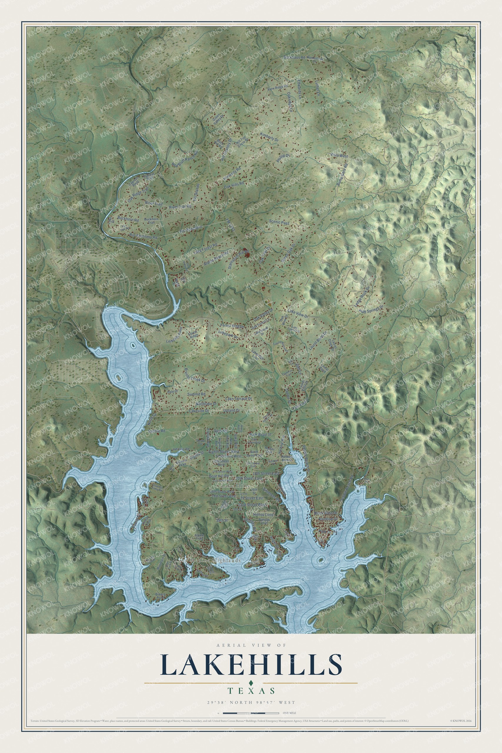 Full map of Lakehills, Texas, with red buildings, printed street names and the land around them