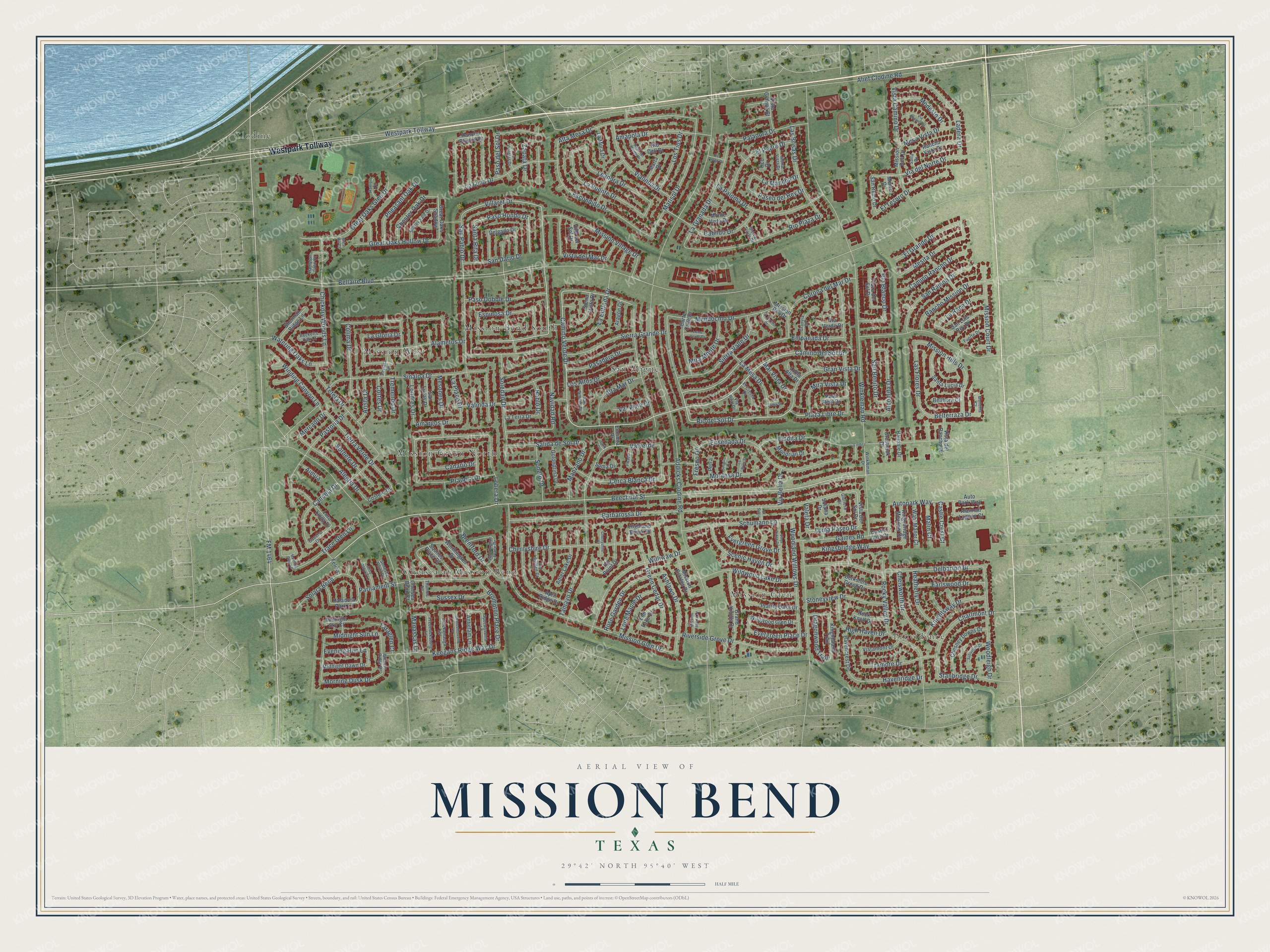 Full map of Mission Bend, Texas, with red buildings, printed street names and the land around them