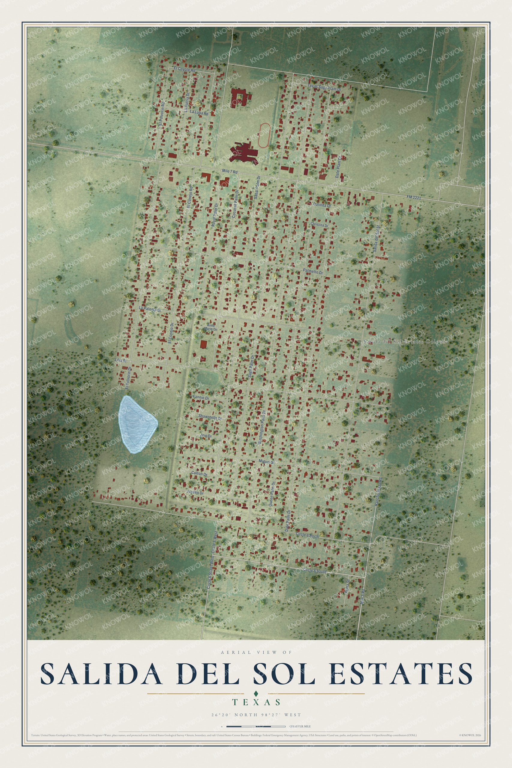 Full map of Salida del Sol Estates, Texas, with red buildings, printed street names and the land around them