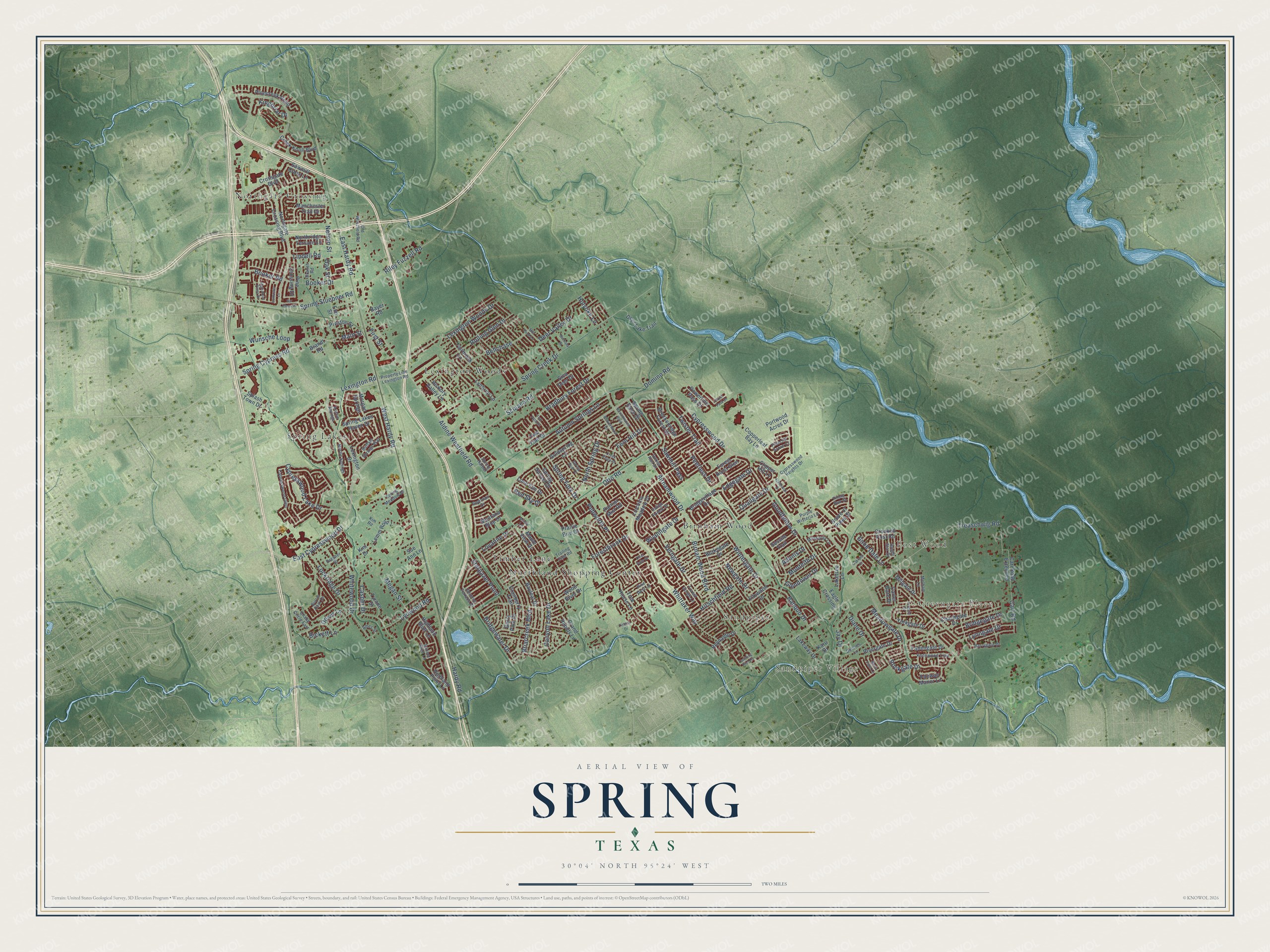 Full map of Spring, Texas, with red buildings, printed street names and the land around them