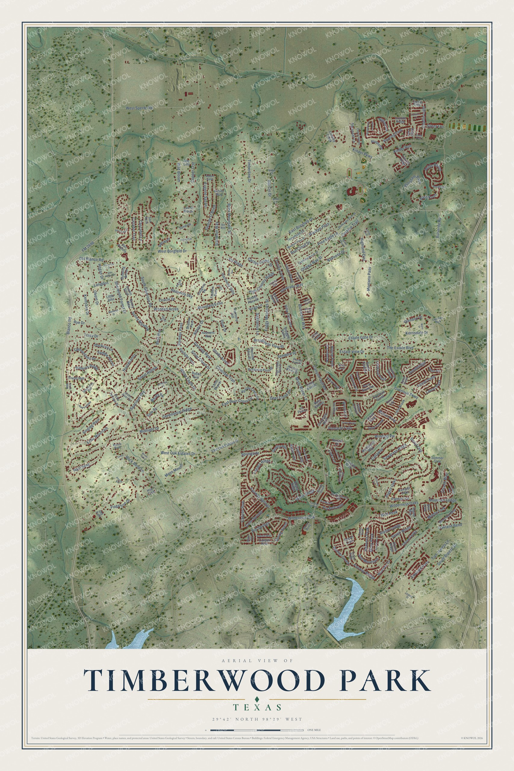 Full map of Timberwood Park, Texas, with red buildings, printed street names and the land around them