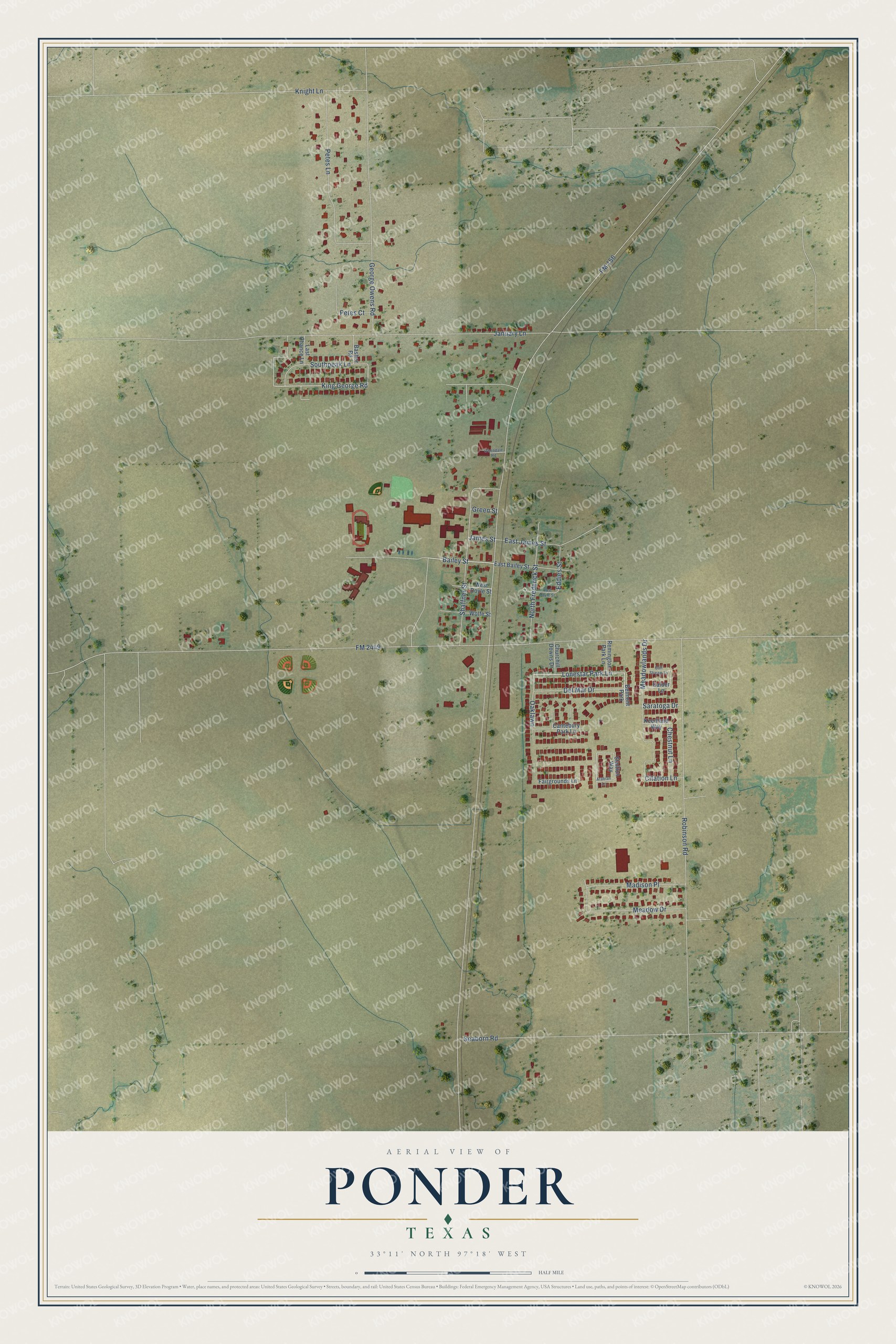 Full map of Ponder, Texas, with red buildings, printed street names and the land around them