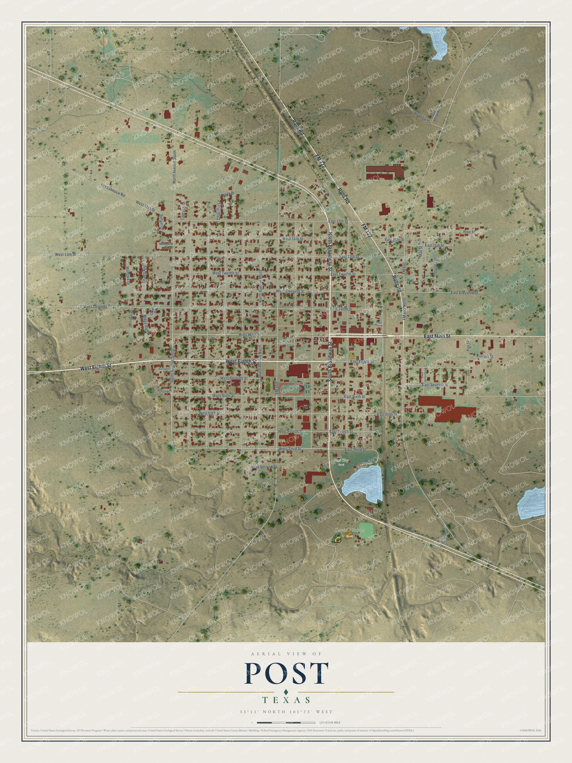 Full map of Post, Texas, with red buildings, printed street names and the land around them