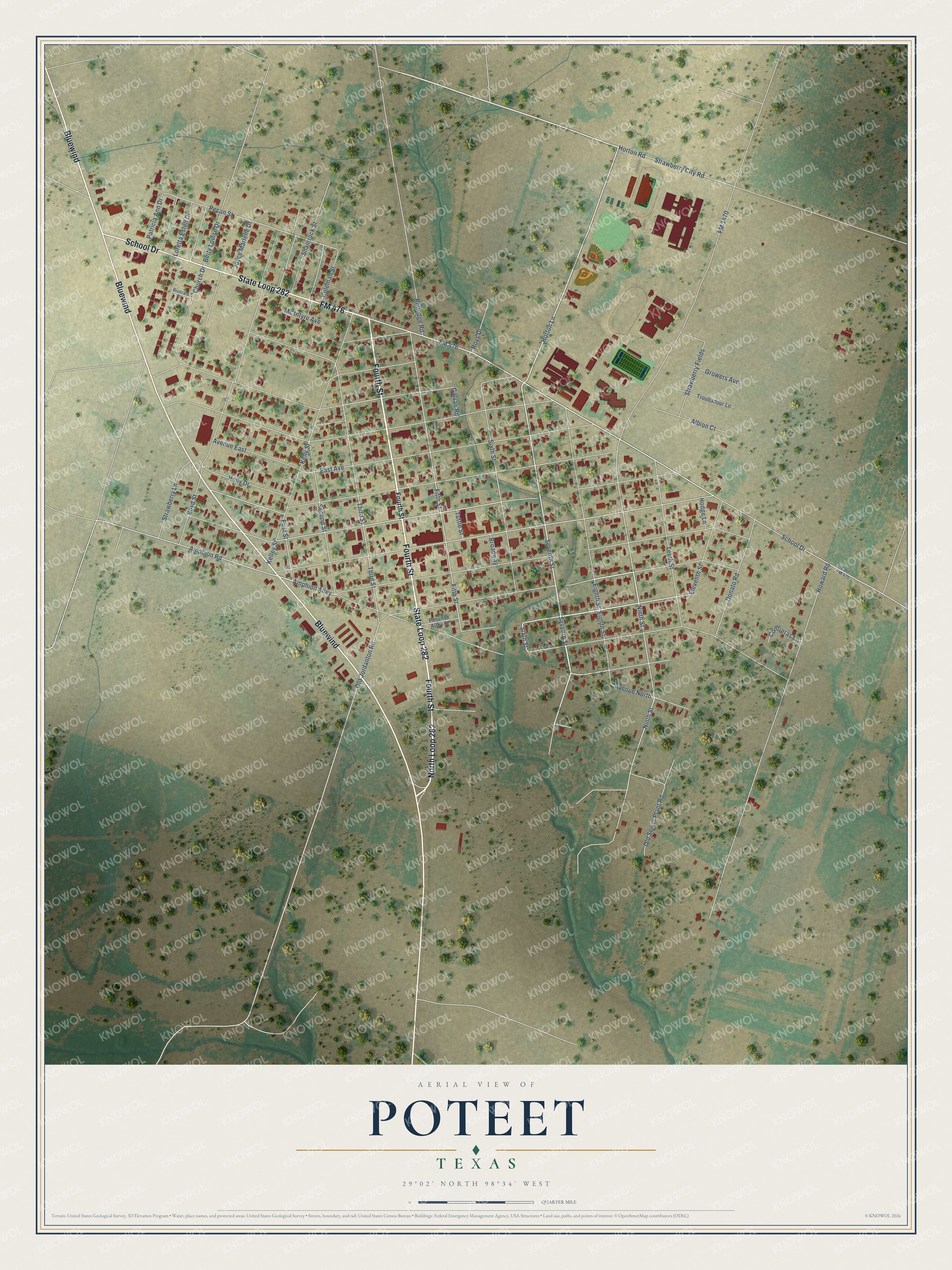 Full map of Poteet, Texas, with red buildings, printed street names and the land around them