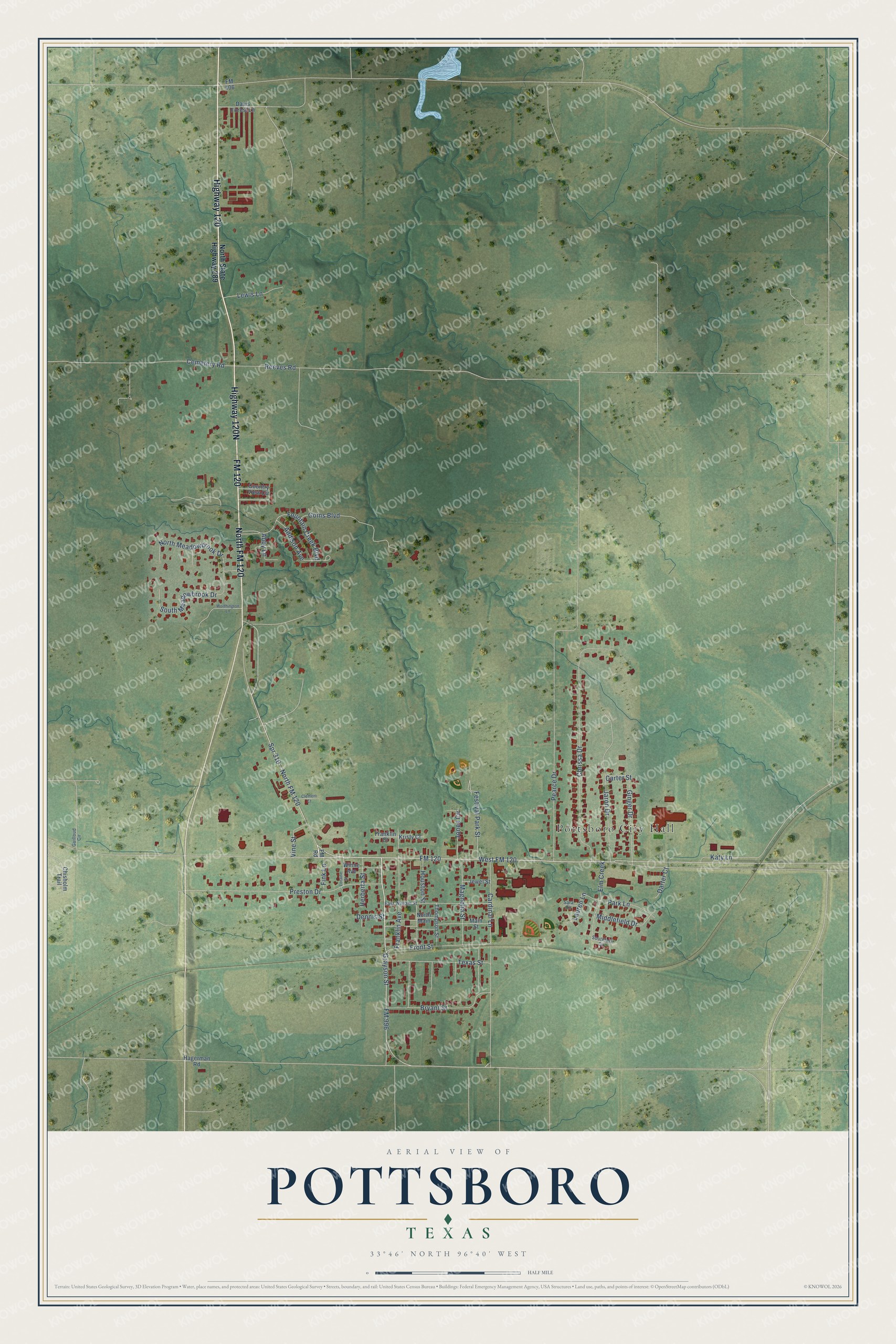 Full map of Pottsboro, Texas, with red buildings, printed street names and the land around them