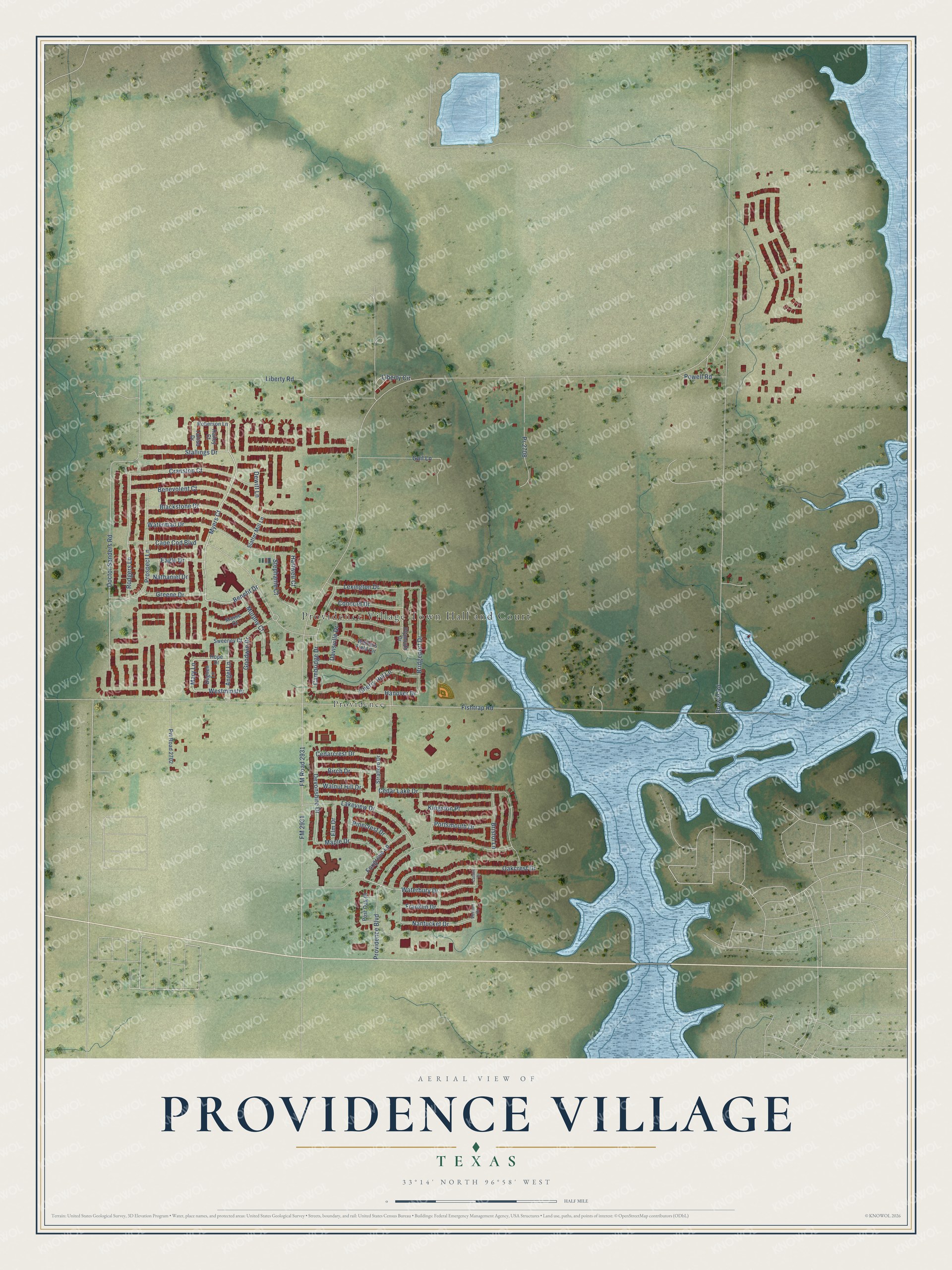 Full map of Providence Village, Texas, with red buildings, printed street names and the land around them
