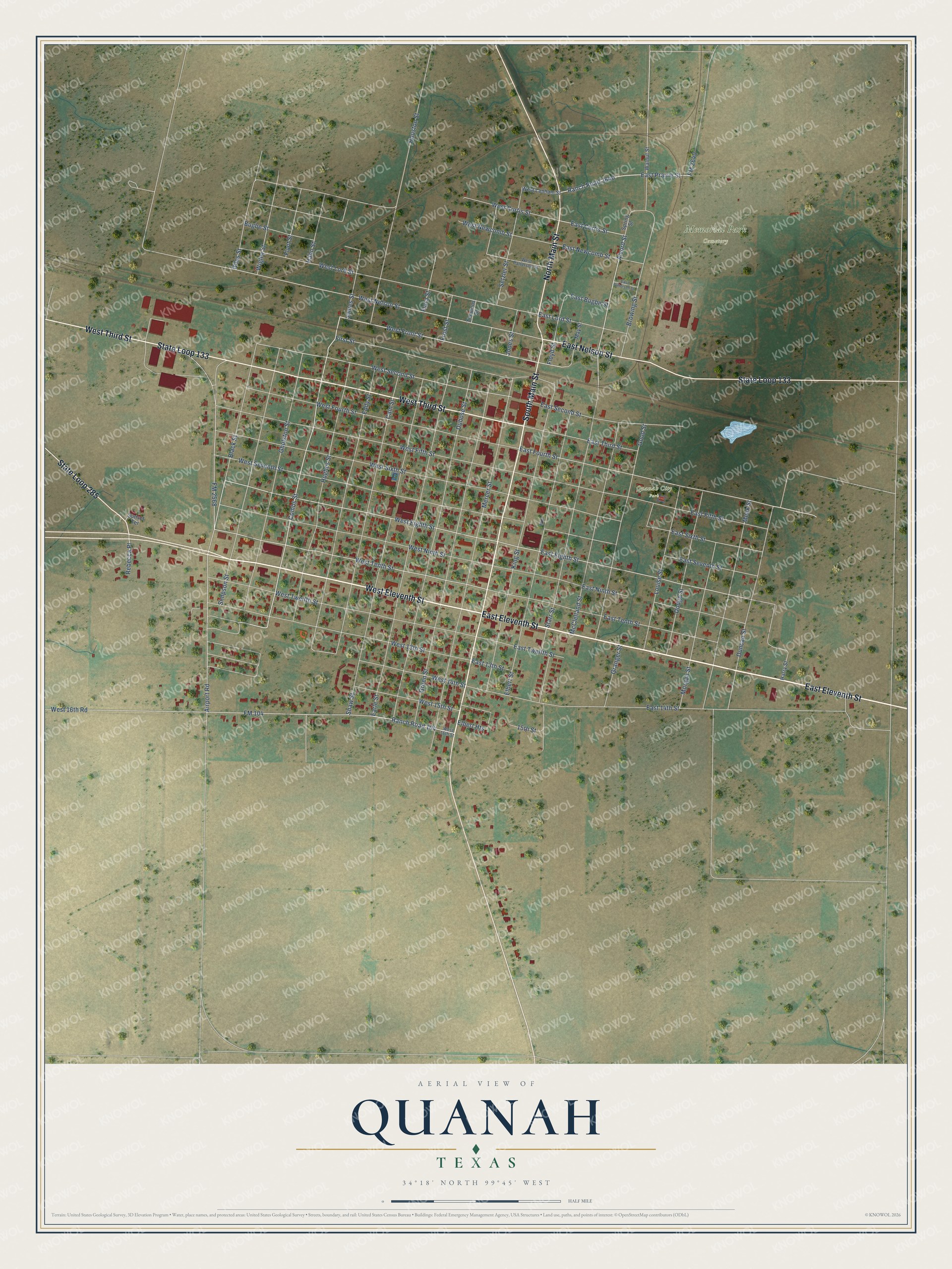 Full map of Quanah, Texas, with red buildings, printed street names and the land around them